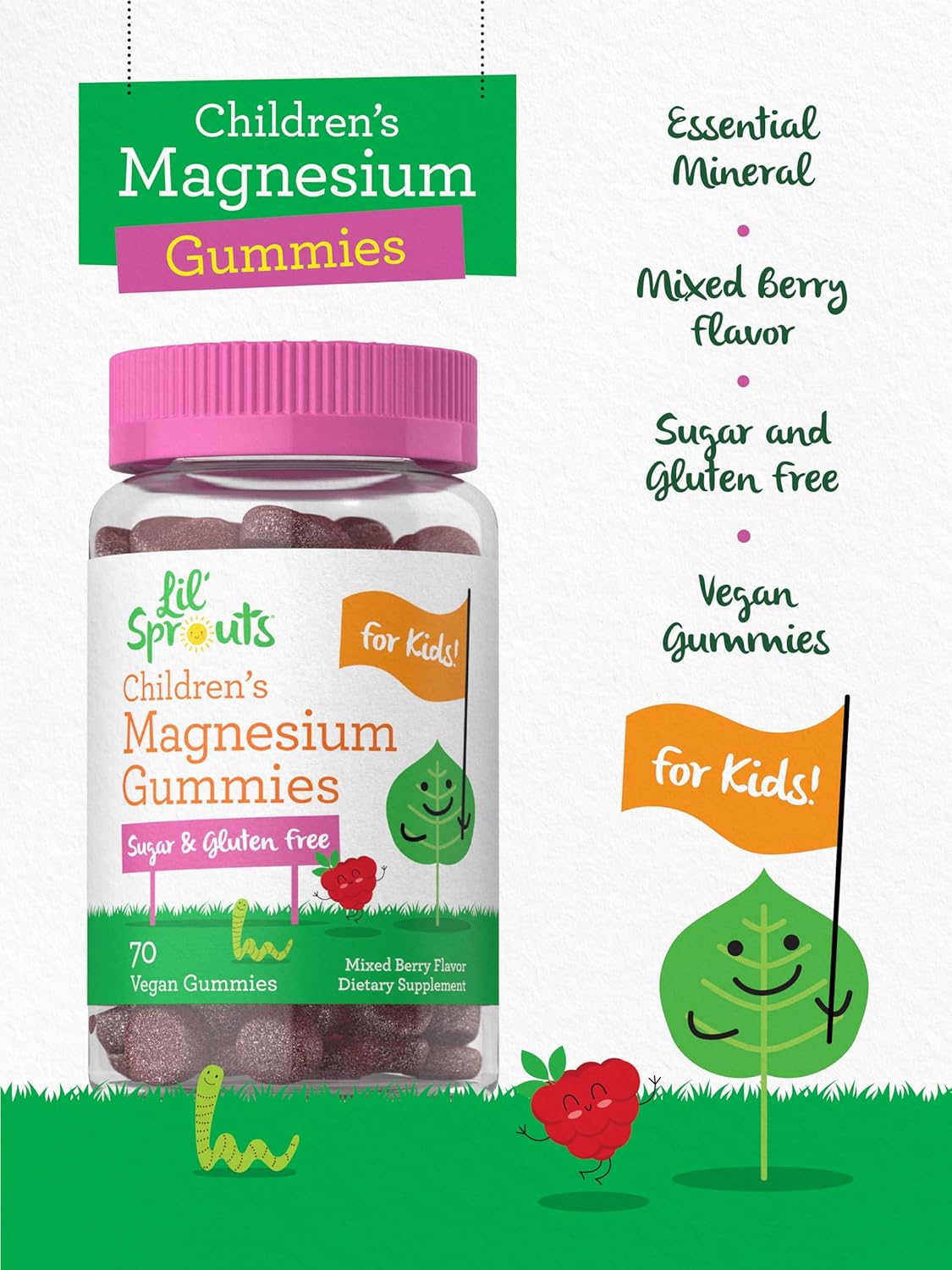 70 Count Lil' Sprouts Children's Magnesium Gummies - Mixed Berry Flavor, Sugar Free, Vegan, Non-GMO & Gluten Free