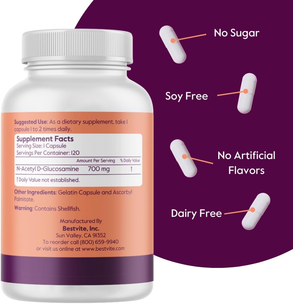 700mg Bestvite N-Acetyl Glucosamine (N-A-G) Capsules - 120 Count - Stearate-Free - Non GMO - Gluten-Free