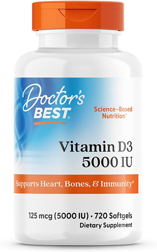 720 Count Doctor's Best Vitamin D3 Capsules - 5000 IU for Bone, Teeth, Heart & Immune Support - Non-GMO, Gluten-Free, Soy-Free