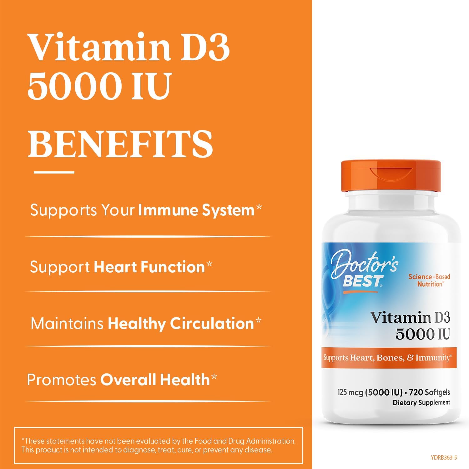 720 Count Doctor's Best Vitamin D3 Capsules - 5000 IU for Bone, Teeth, Heart & Immune Support - Non-GMO, Gluten-Free, Soy-Free