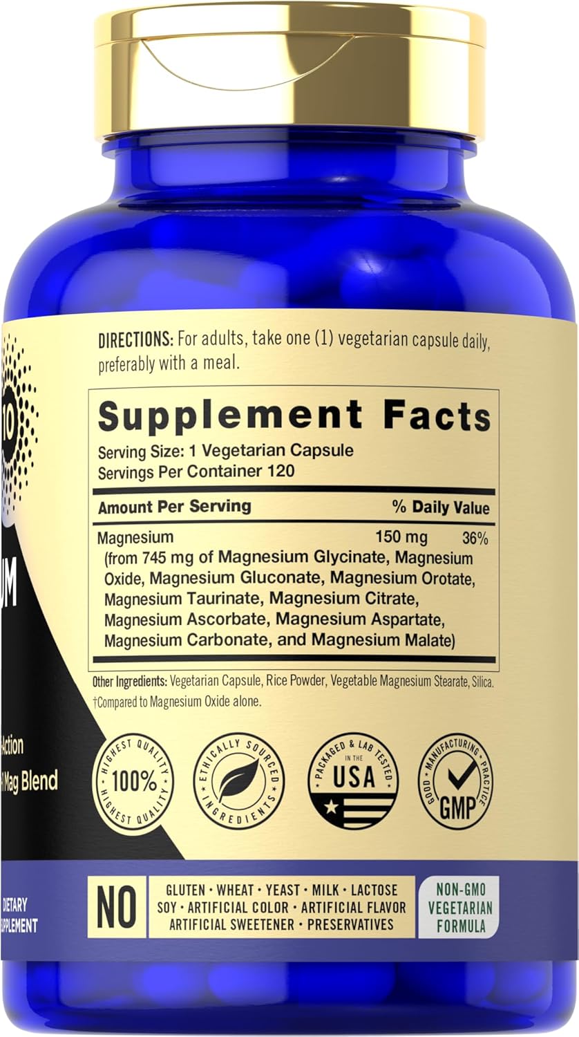 745mg Magnesium Complex Supplement - 120 Capsules - 10-in-1 Blend - Vegetarian, Non-GMO, Gluten Free