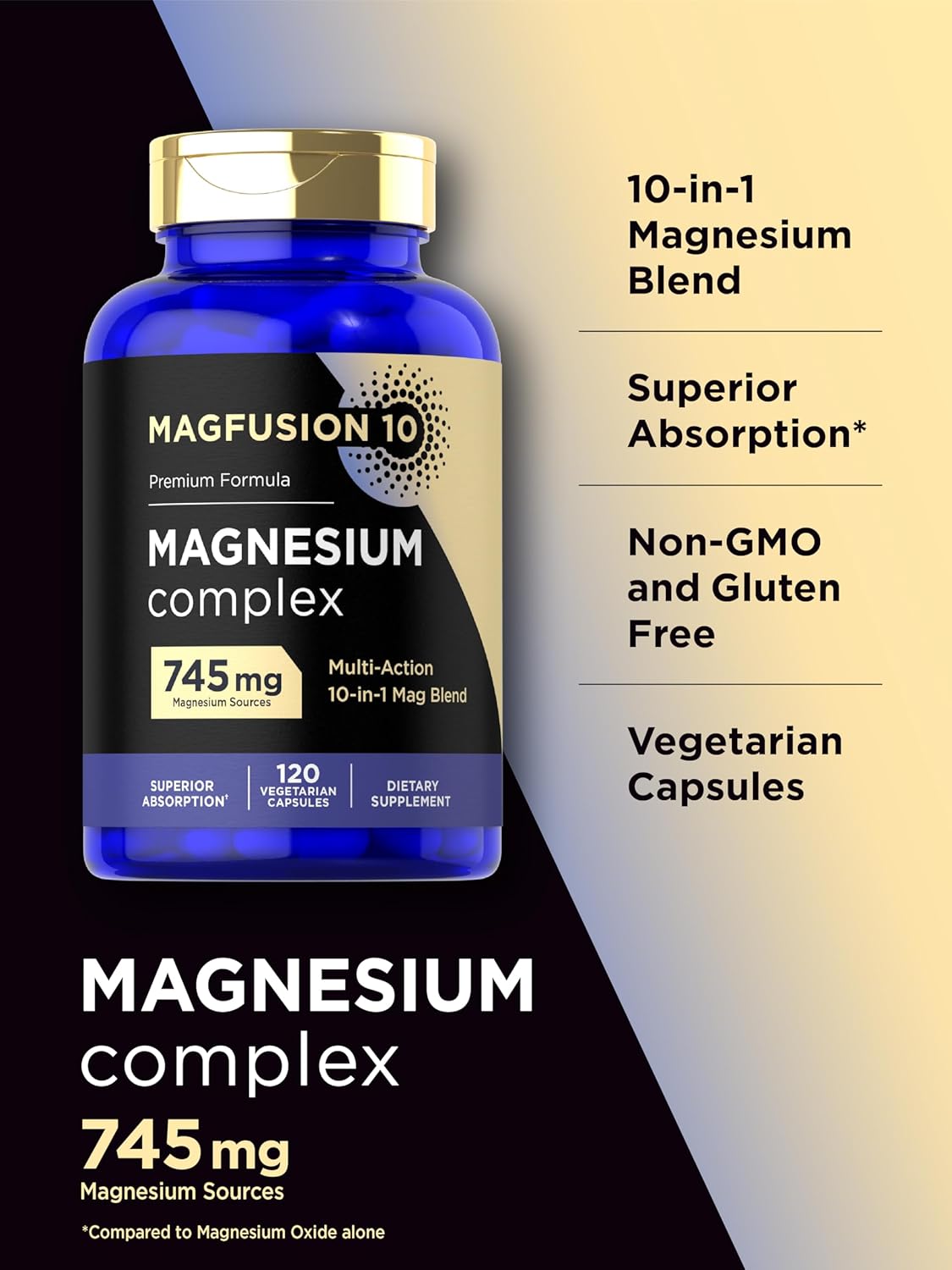 745mg Magnesium Complex Supplement - 120 Capsules - 10-in-1 Blend - Vegetarian, Non-GMO, Gluten Free