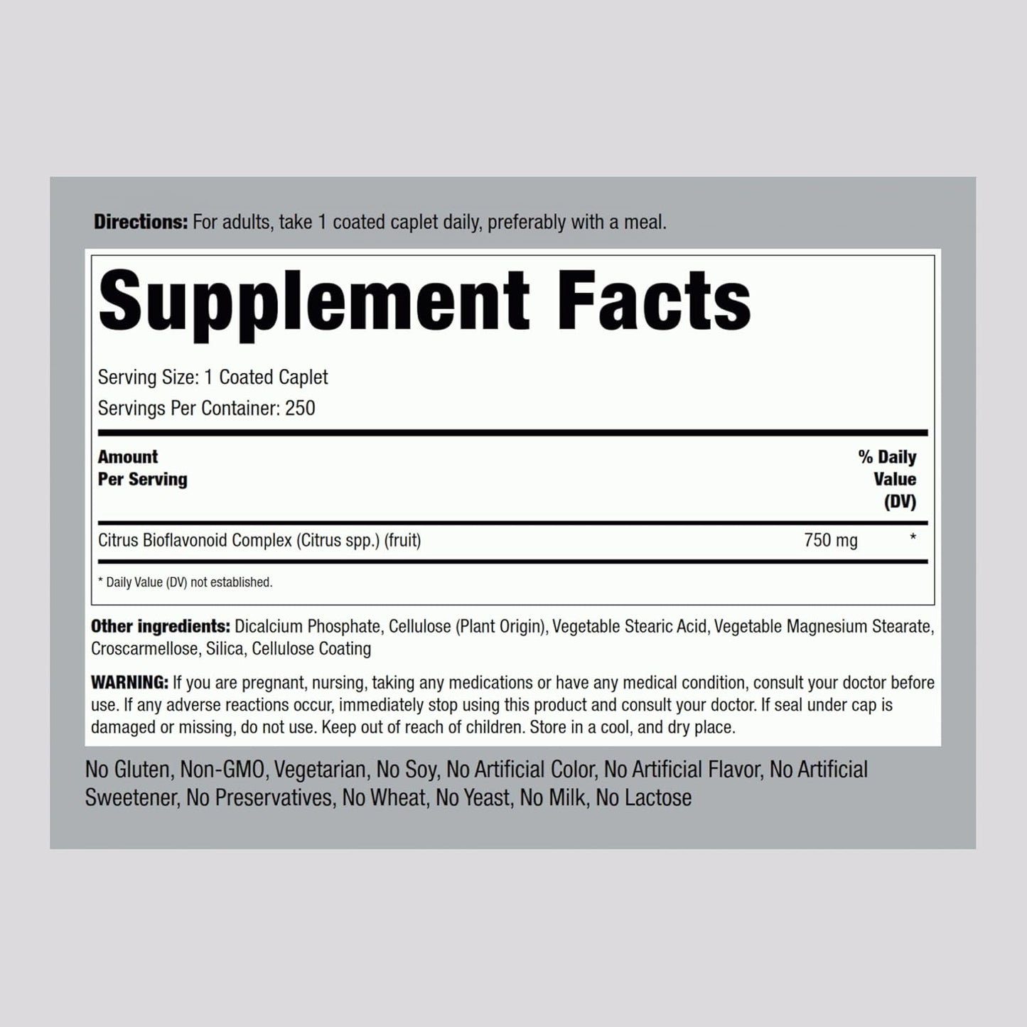 750 mg Citrus Bioflavonoids Complex Supplement - 250 Caplets - Non-GMO & Gluten Free