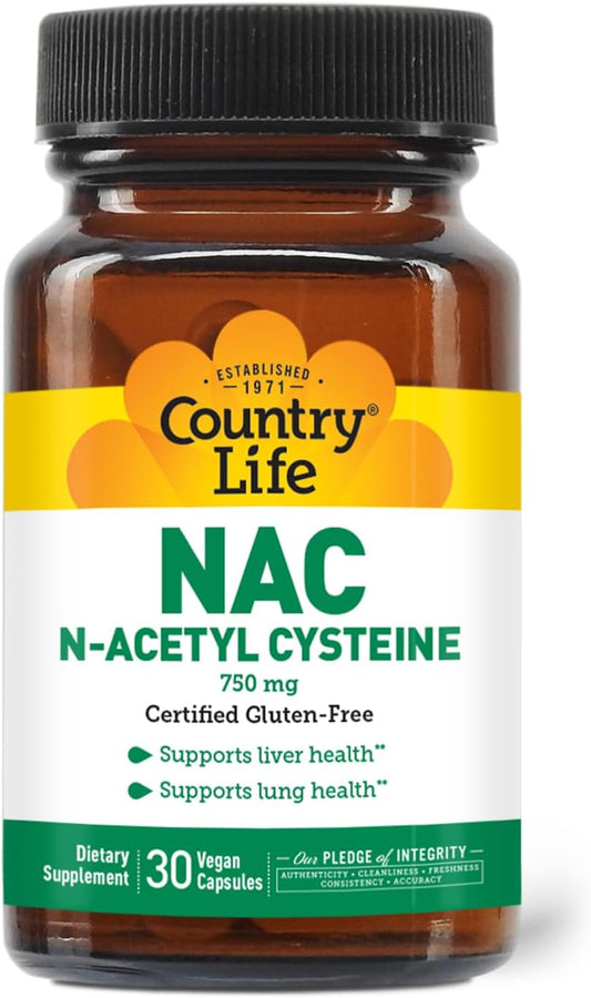 750 mg Country Life N-Acetyl Cysteine (NAC) - Liver & Lung Health Supplement - Antioxidant Protection, Detox & Immune Support - 30 Vegetarian Capsules