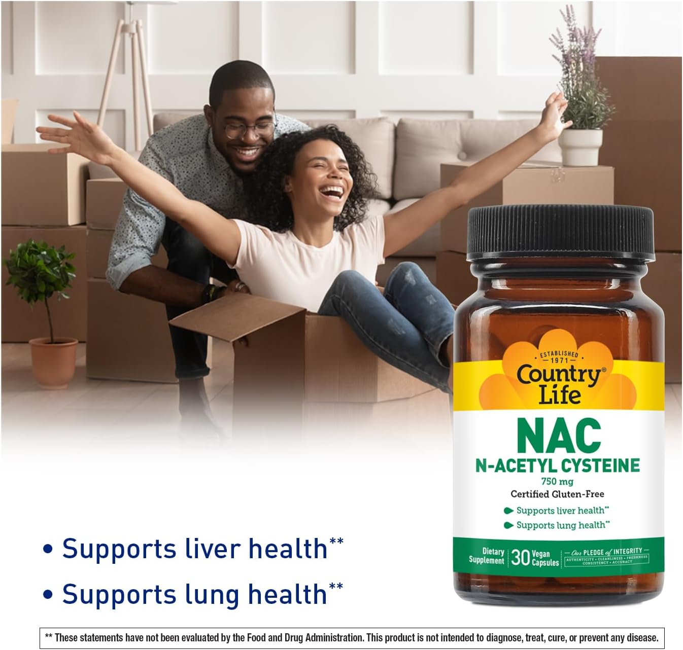 750 mg Country Life N-Acetyl Cysteine (NAC) - Liver & Lung Health Supplement - Antioxidant Protection, Detox & Immune Support - 30 Vegetarian Capsules