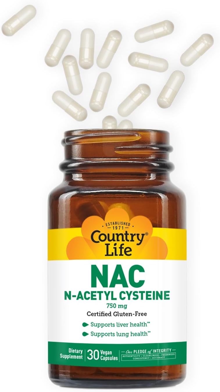 750 mg Country Life N-Acetyl Cysteine (NAC) - Liver & Lung Health Supplement - Antioxidant Protection, Detox & Immune Support - 30 Vegetarian Capsules