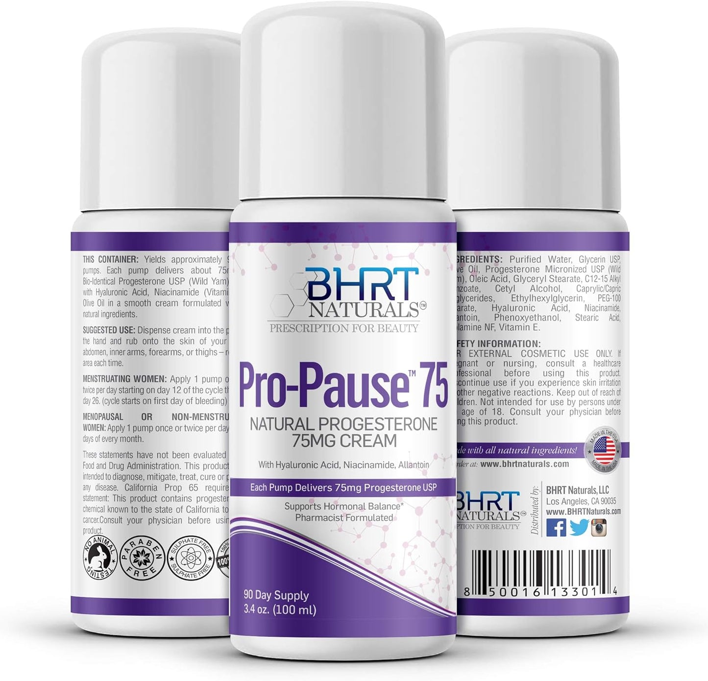 7500mg BHRT Naturals Progesterone Cream - Bioidentical USP, Menopause Relief, Pharmacist Formulated, Non-GMO - 90 Day Supply - Made in USA - TTC PCOS Supplement
