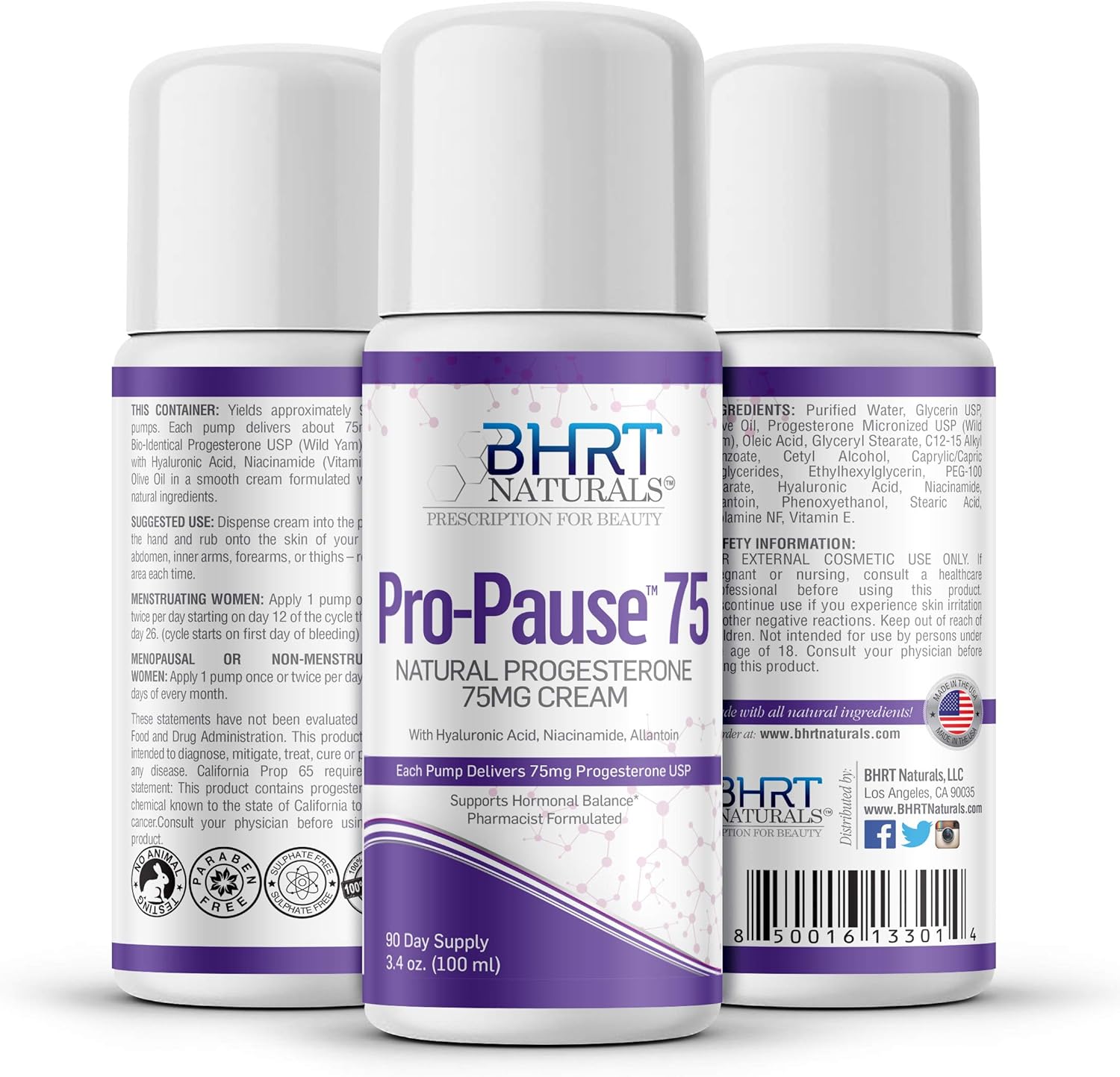 7500mg BHRT Naturals Progesterone Cream - Bioidentical USP, Menopause Relief, Pharmacist Formulated, Non-GMO - 90 Day Supply - Made in USA - TTC PCOS Supplement