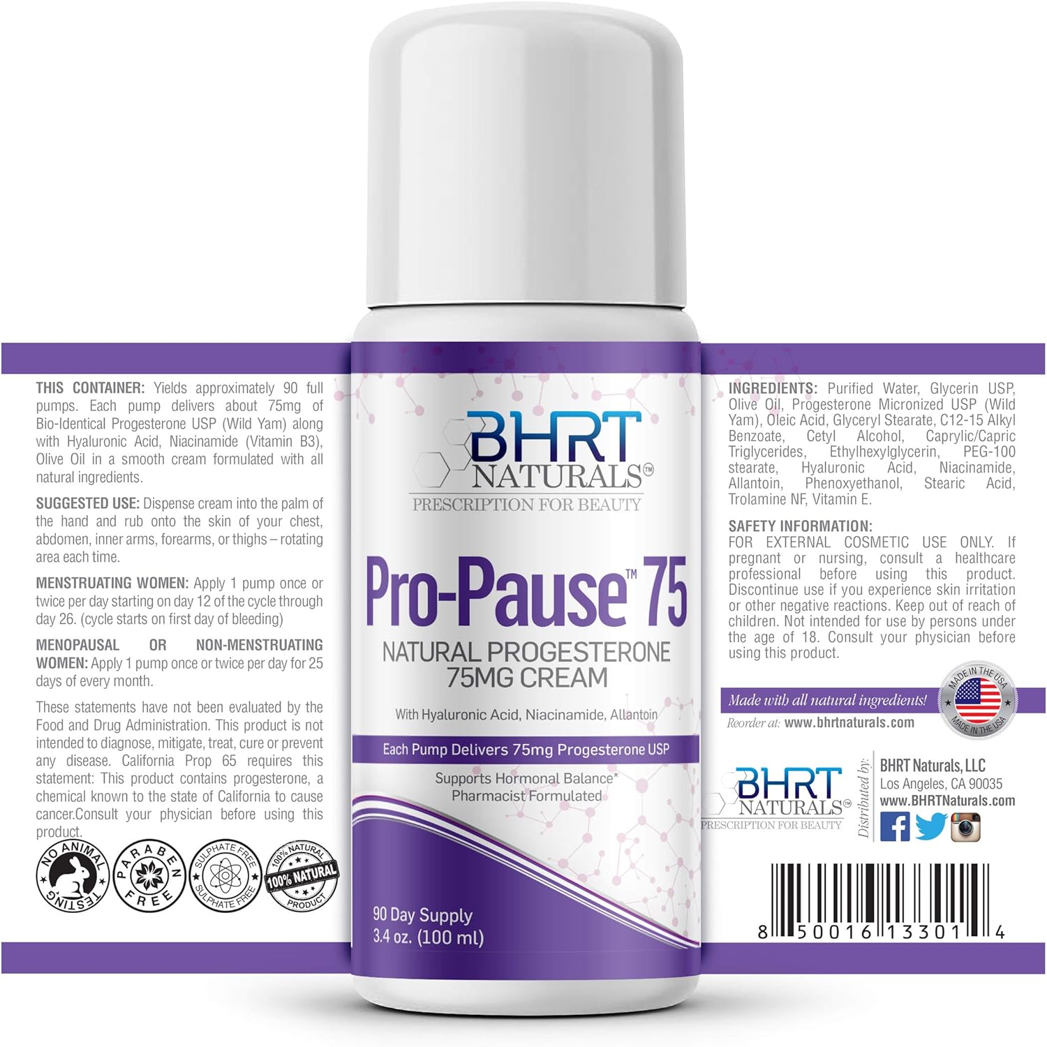 7500mg BHRT Naturals Progesterone Cream - Bioidentical USP, Menopause Relief, Pharmacist Formulated, Non-GMO - 90 Day Supply - Made in USA - TTC PCOS Supplement