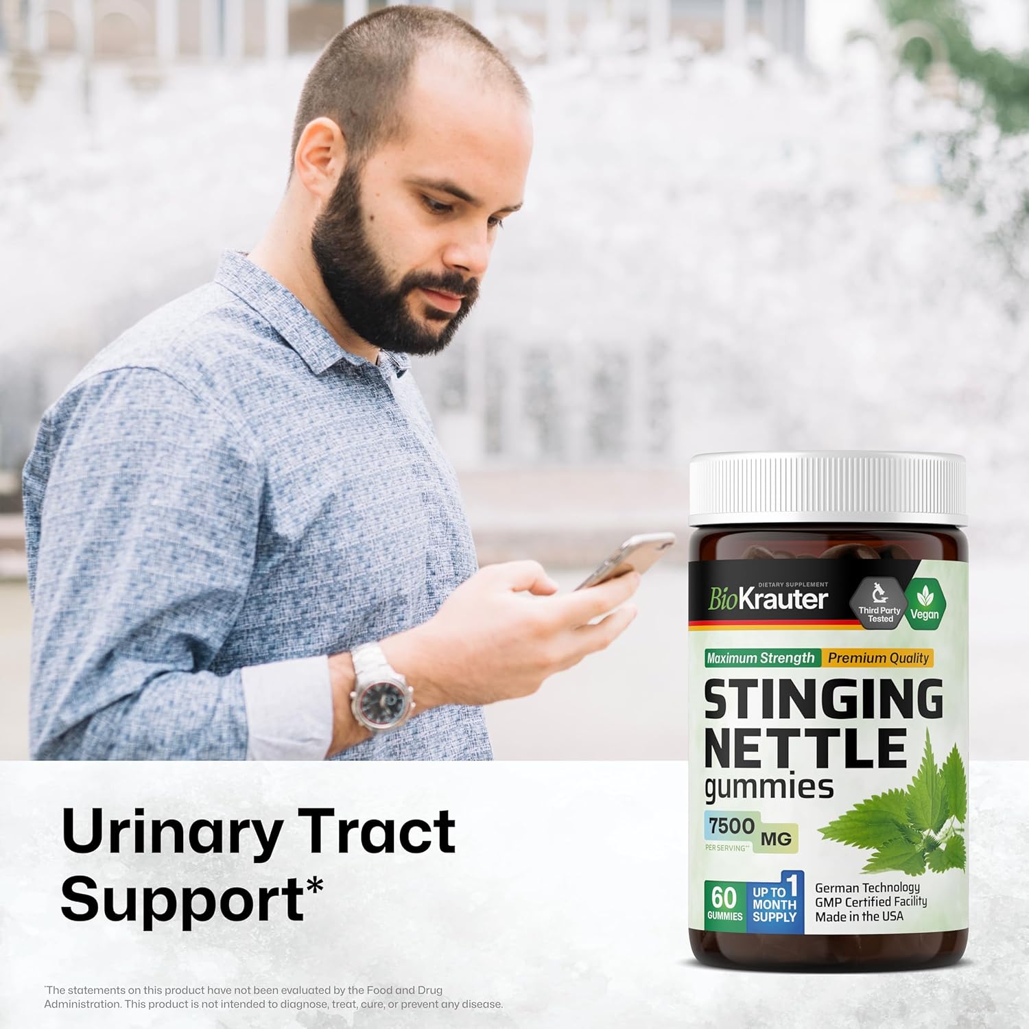 7500mg Stinging Nettle Root Extract Gummies for Urinary Support - Vegan Formula with 10:1 Nettle Root Extract - 60 Chews