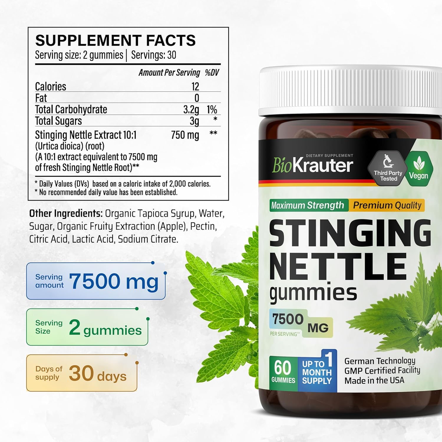 7500mg Stinging Nettle Root Extract Gummies for Urinary Support - Vegan Formula with 10:1 Nettle Root Extract - 60 Chews