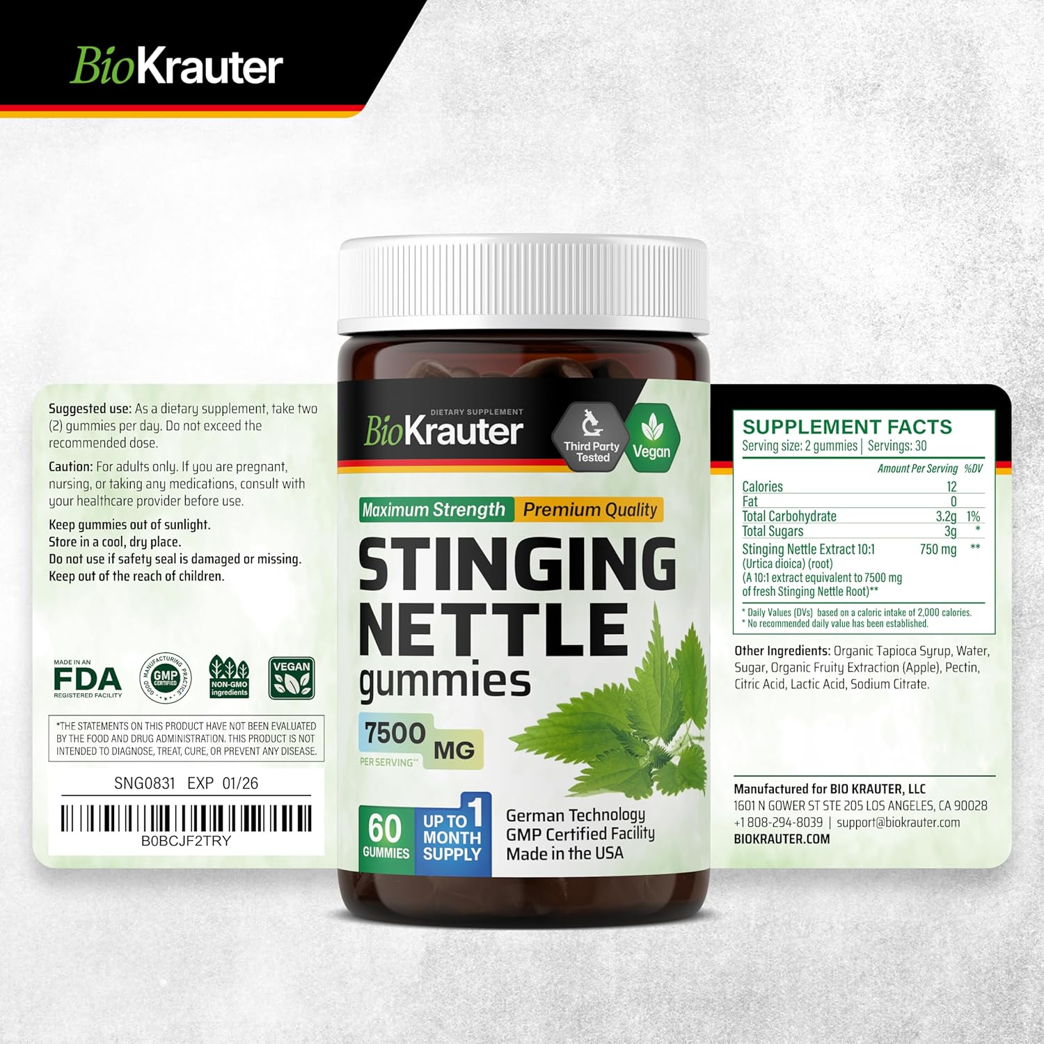 7500mg Stinging Nettle Root Extract Gummies for Urinary Support - Vegan Formula with 10:1 Nettle Root Extract - 60 Chews
