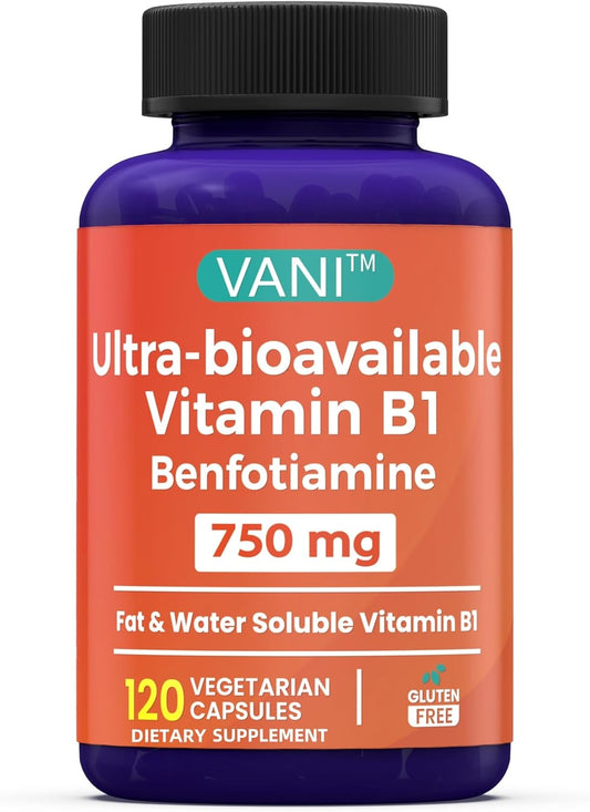750mg Benfotiamine & Vitamin B1 Supplement | Enhanced 2 in 1 Formula | Fat & Water Soluble Thiamine | 120 Capsules | Gluten Free