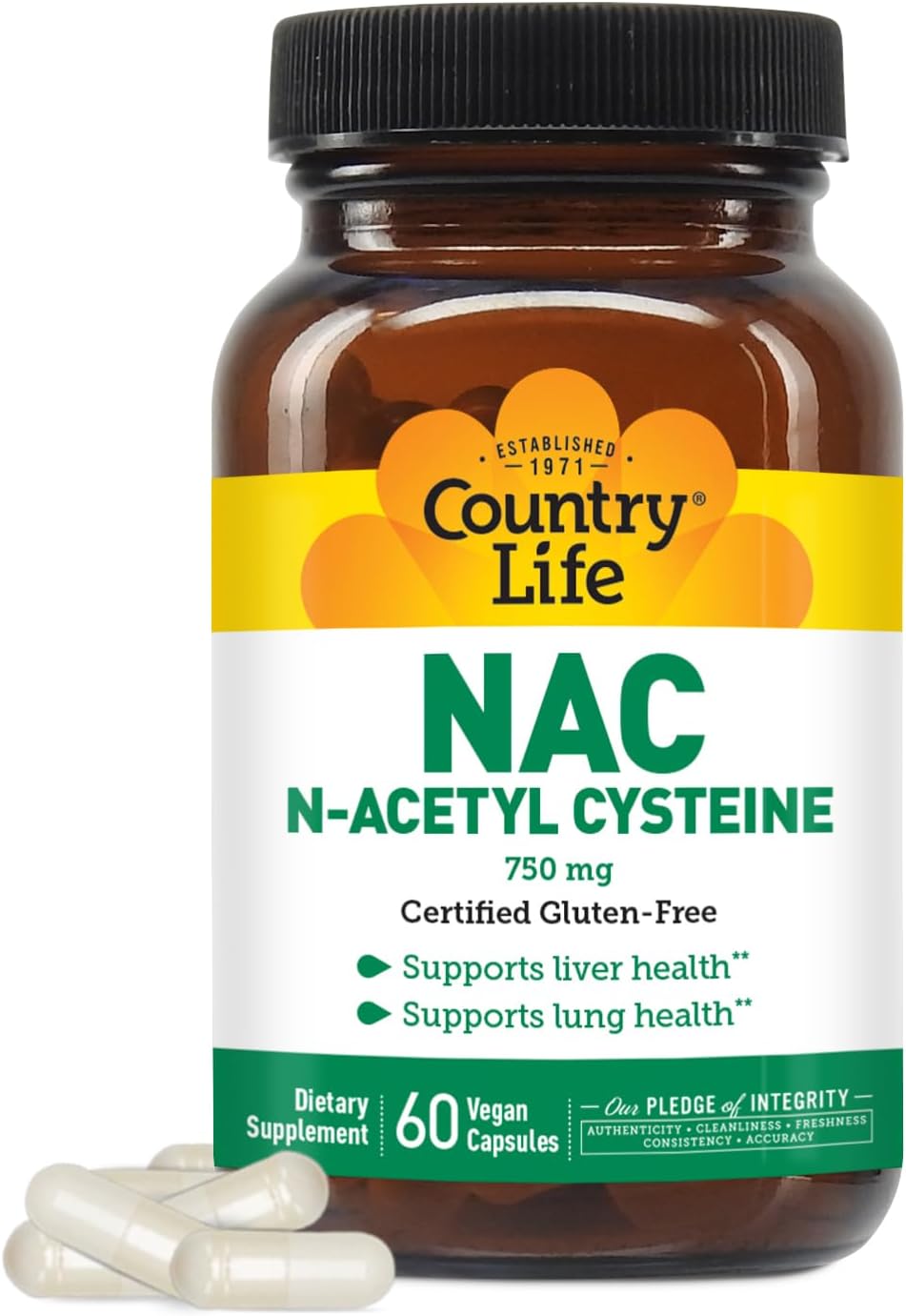 750mg Country Life N-Acetyl Cysteine (NAC) - Liver & Lung Health Supplement, Antioxidant, Detox Cleanse, Immune Support - 60 Capsules