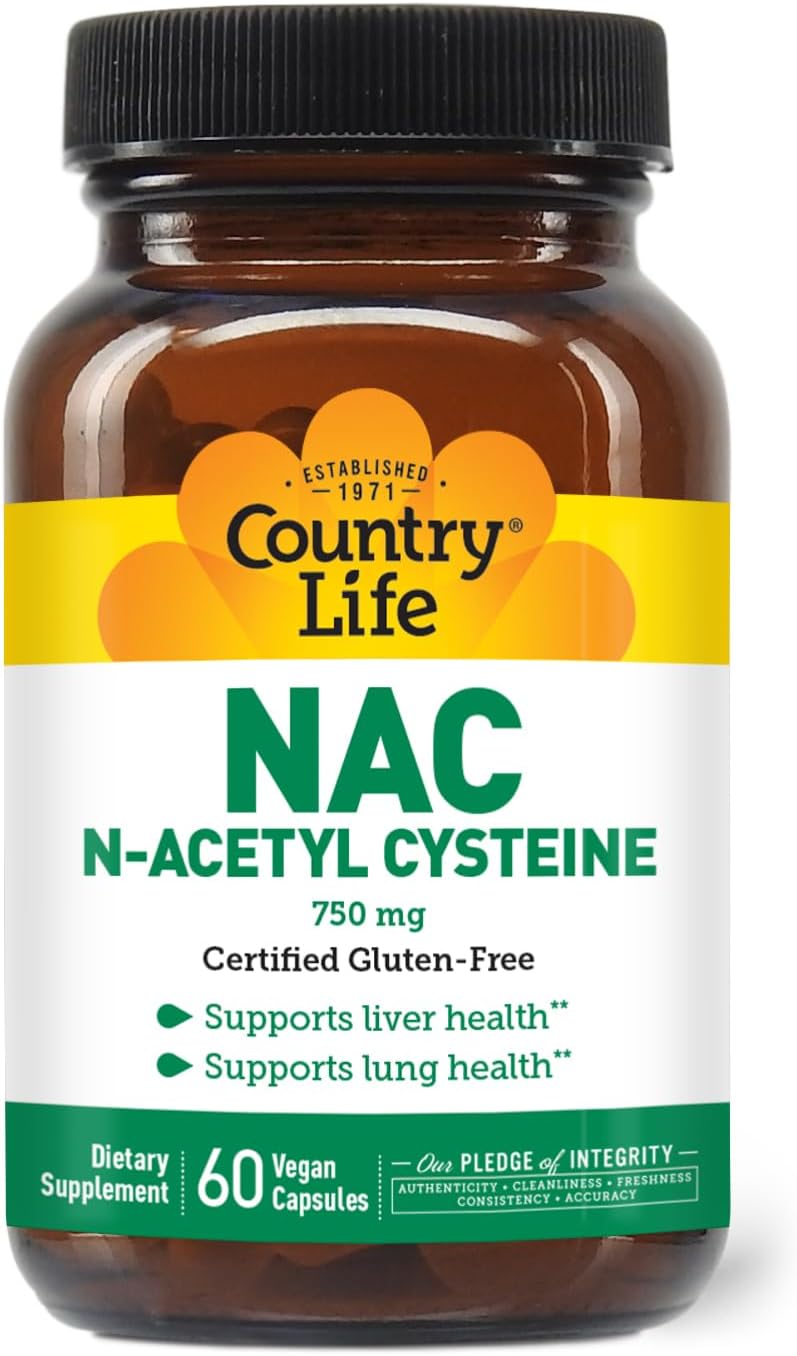 750mg Country Life N-Acetyl Cysteine (NAC) - Liver & Lung Health Supplement, Antioxidant, Detox Cleanse, Immune Support - 60 Capsules