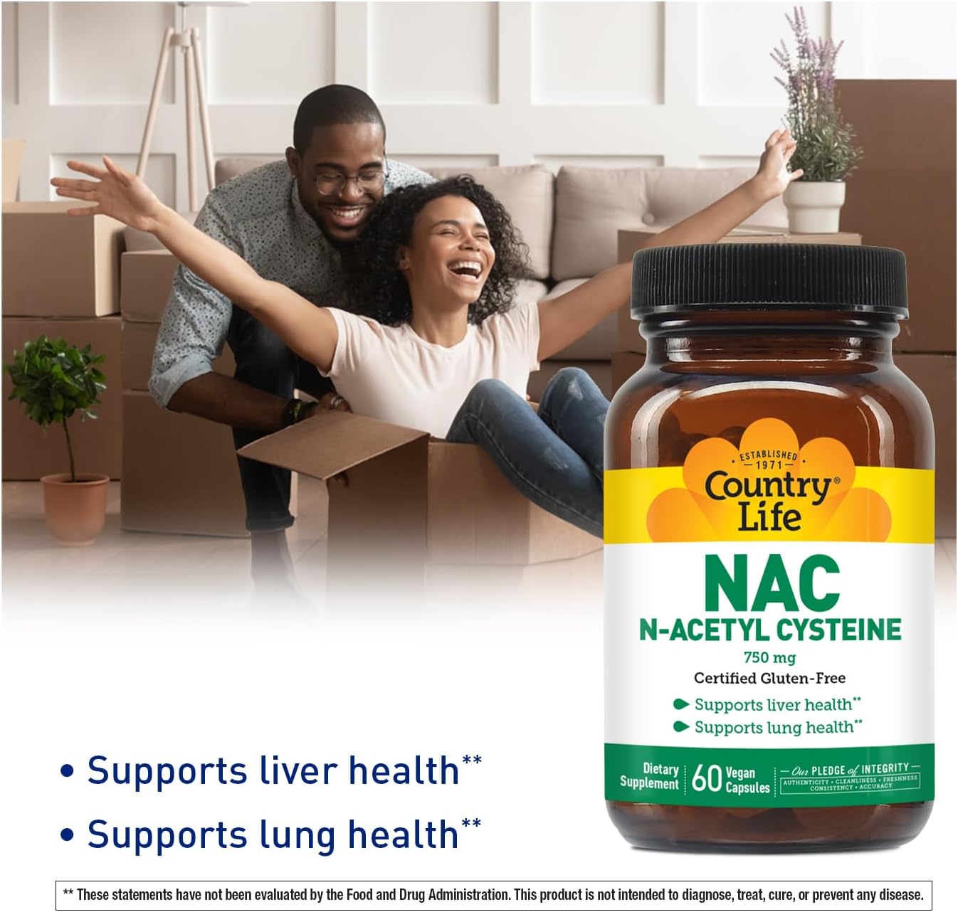 750mg Country Life N-Acetyl Cysteine (NAC) - Liver & Lung Health Supplement, Antioxidant, Detox Cleanse, Immune Support - 60 Capsules