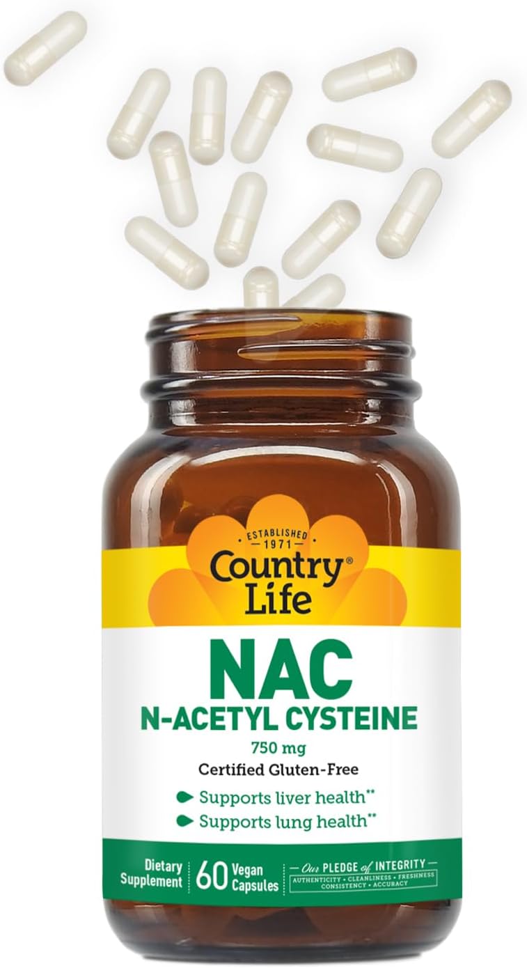 750mg Country Life N-Acetyl Cysteine (NAC) - Liver & Lung Health Supplement, Antioxidant, Detox Cleanse, Immune Support - 60 Capsules