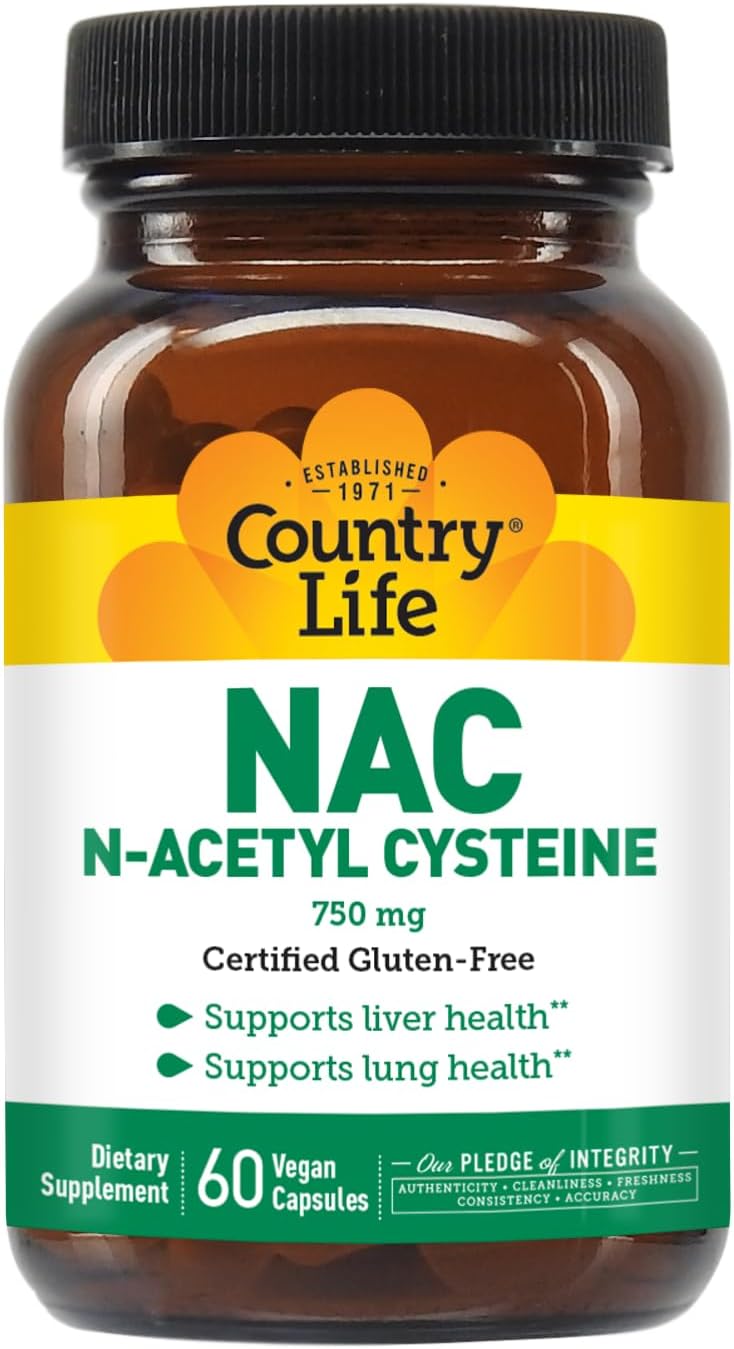750mg Country Life N-Acetyl Cysteine (NAC) - Liver & Lung Health Supplement, Antioxidant, Detox Cleanse, Immune Support - 60 Capsules