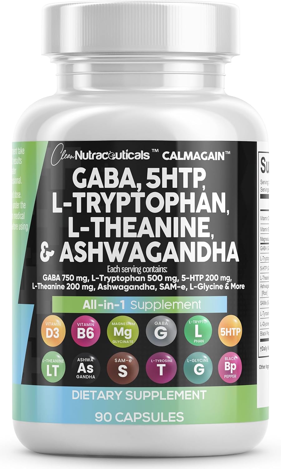 750mg GABA, 200mg 5-HTP, 500mg L-Tryptophan, 200mg L-Theanine, Ashwagandha, SAM-e, L-Glycine - Mood Support Vitamins for Women and Men with L-Tyrosine - 90 Count