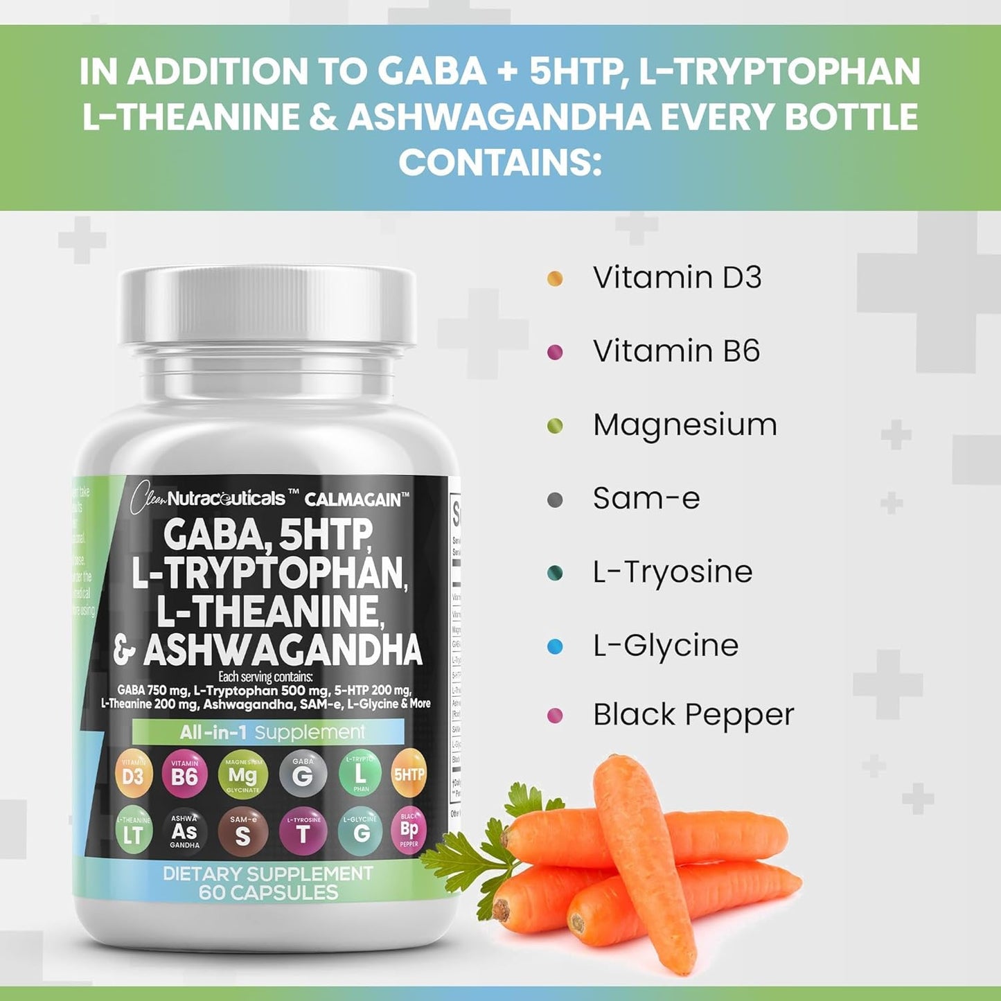 750mg GABA, 200mg 5-HTP, 500mg L-Tryptophan, 200mg L-Theanine, Ashwagandha, SAM-e, L-Glycine - Mood Support Vitamins for Women and Men with L-Tyrosine - 90 Count