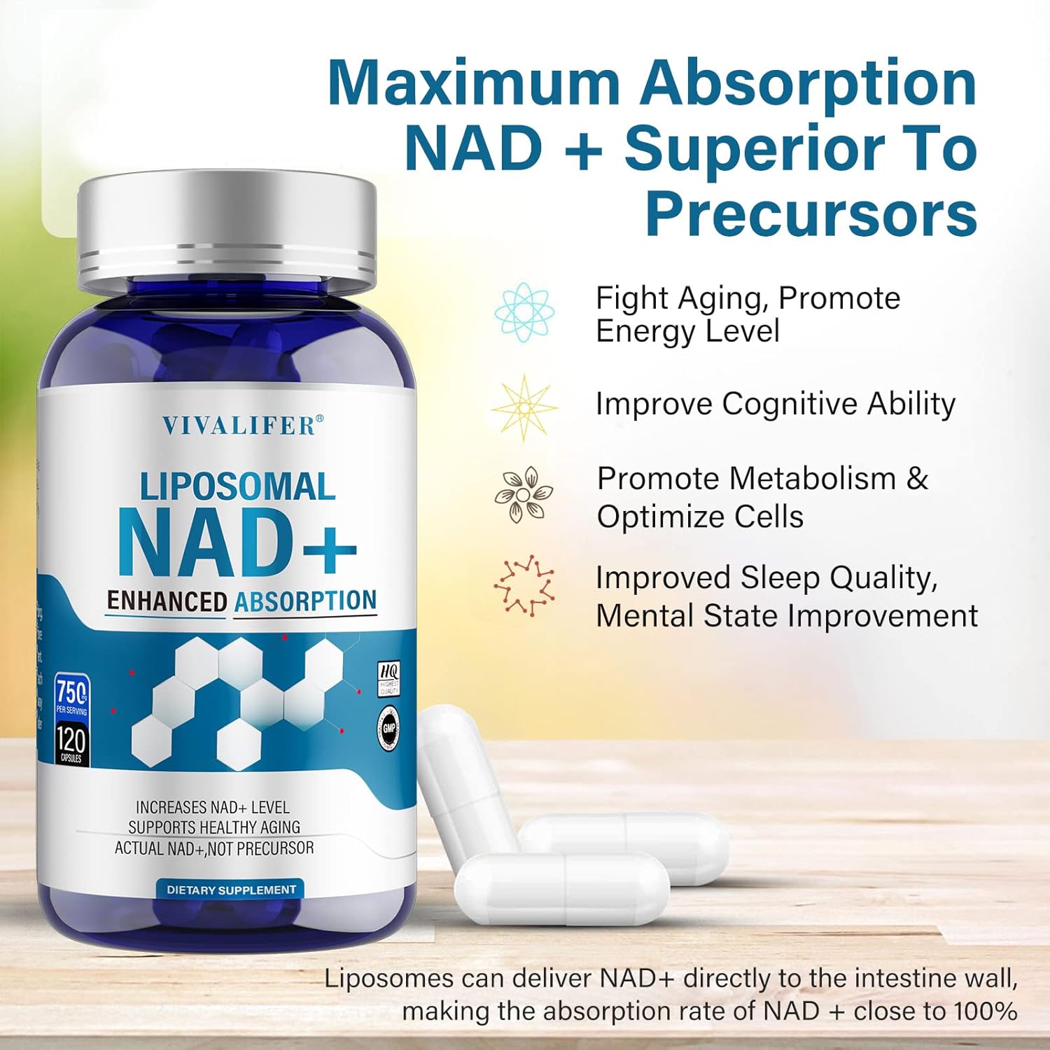 750mg Liposomal NAD+ Supplement - 120 Capsules for Maximum Absorption - Anti-Aging & Antioxidant Support - Energy & Metabolism Boost - NMN Alternative