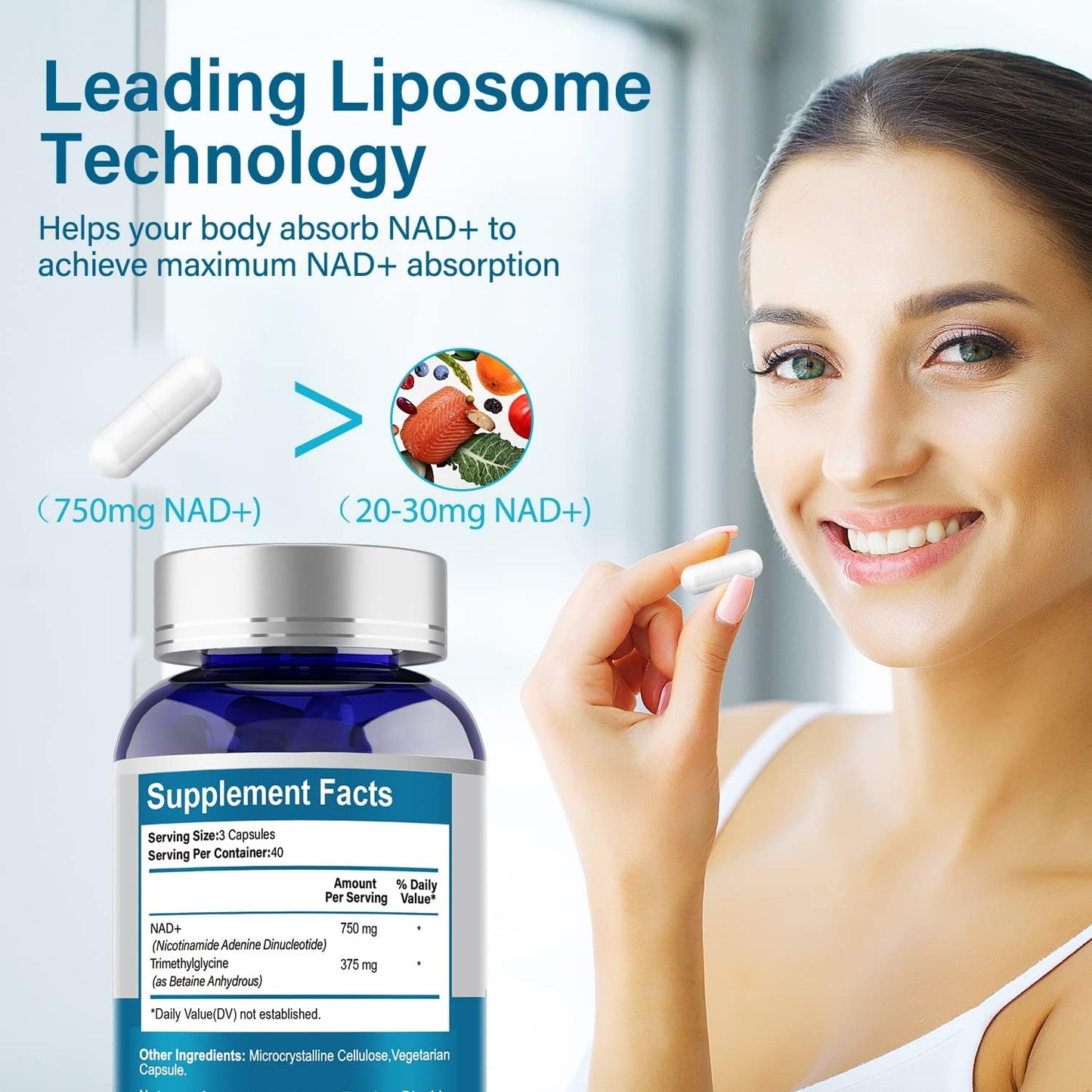 750mg Liposomal NAD+ Supplement - 120 Capsules for Maximum Absorption - Anti-Aging & Antioxidant Support - Energy & Metabolism Boost - NMN Alternative