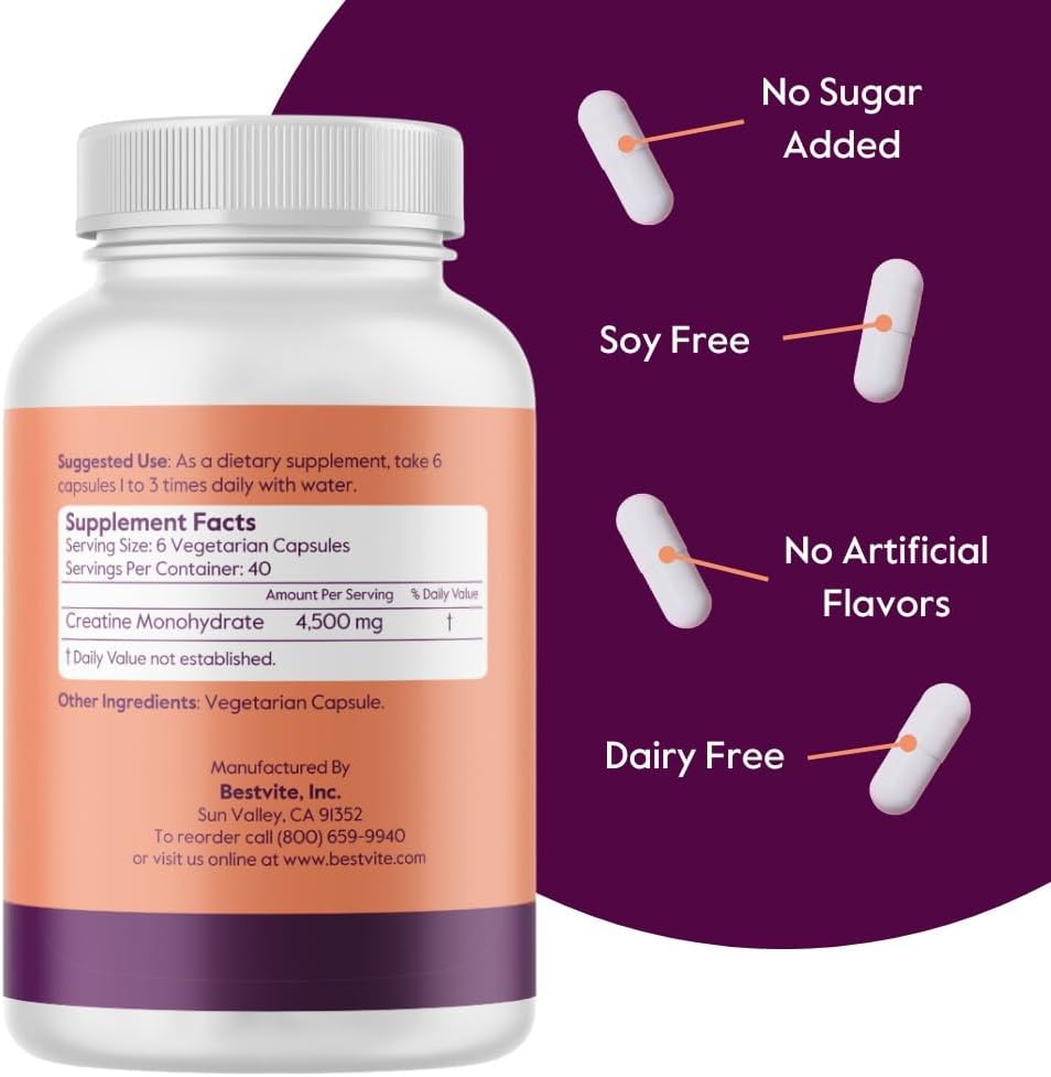 750mg Micronized Creatine Monohydrate Capsules - Vegan, Non-GMO, Gluten Free - 240 Vegetarian Capsules by BESTVITE