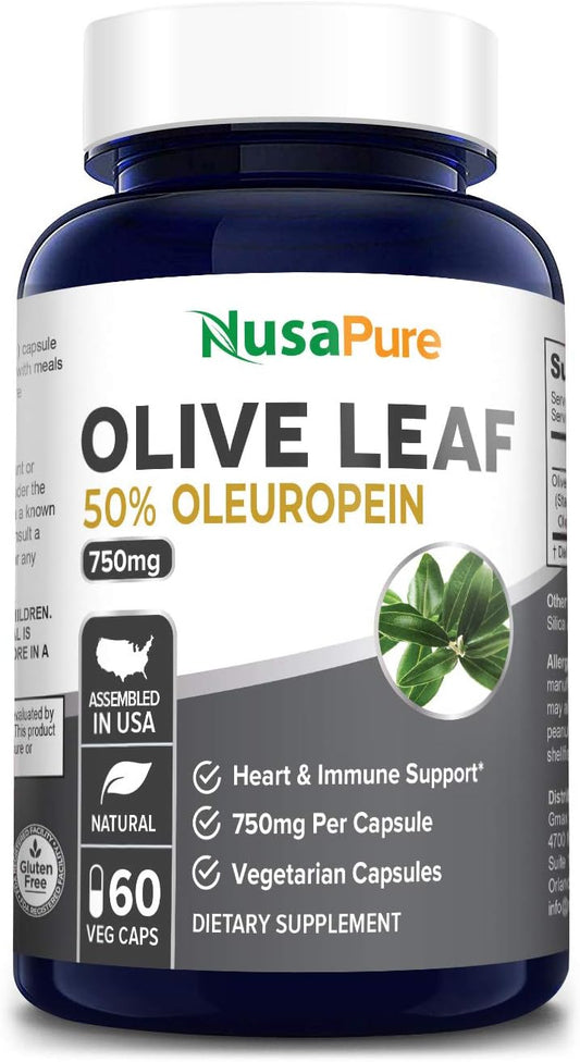 750mg Olive Leaf Extract Capsules - Non-GMO, Gluten Free, 50% Oleuropein, Vegan, Super Strength - 60 Count