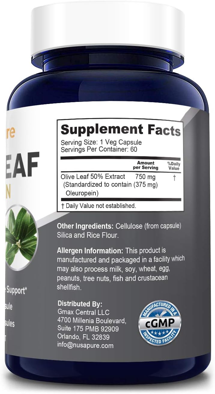 750mg Olive Leaf Extract Capsules - Non-GMO, Gluten Free, 50% Oleuropein, Vegan, Super Strength - 60 Count