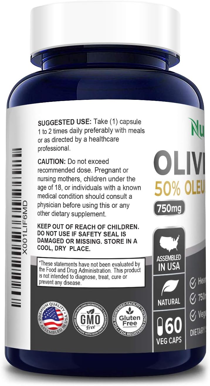 750mg Olive Leaf Extract Capsules - Non-GMO, Gluten Free, 50% Oleuropein, Vegan, Super Strength - 60 Count
