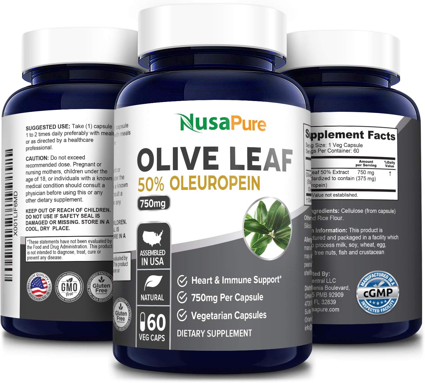 750mg Olive Leaf Extract Capsules - Non-GMO, Gluten Free, 50% Oleuropein, Vegan, Super Strength - 60 Count