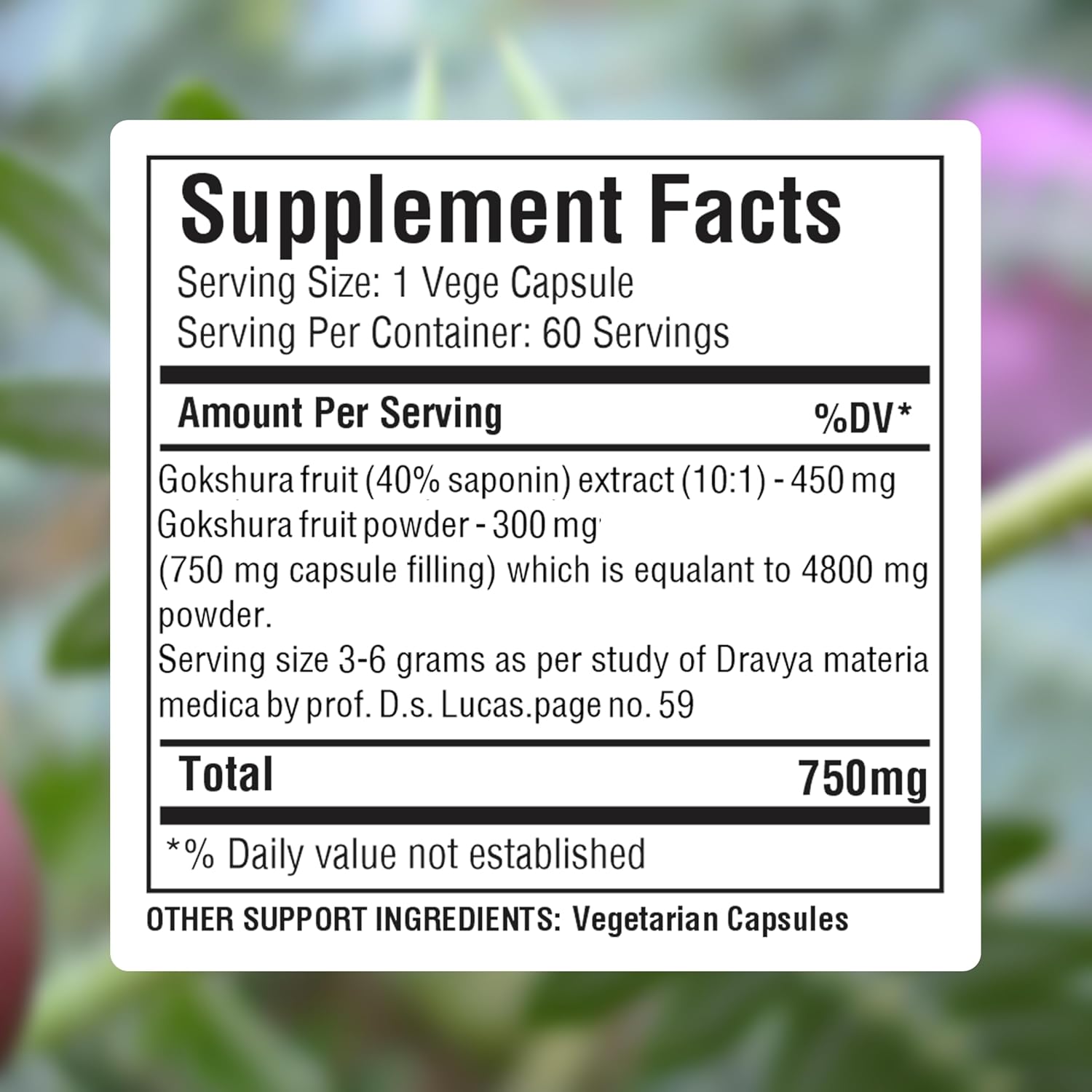 750mg Tribulus Terrestris Gokshura Capsules with 30% Saponins - 60 Vegan Capsules for Male Urinary Health & Testosterone Support