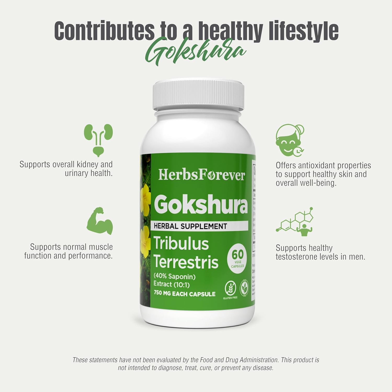 750mg Tribulus Terrestris Gokshura Capsules with 30% Saponins - 60 Vegan Capsules for Male Urinary Health & Testosterone Support
