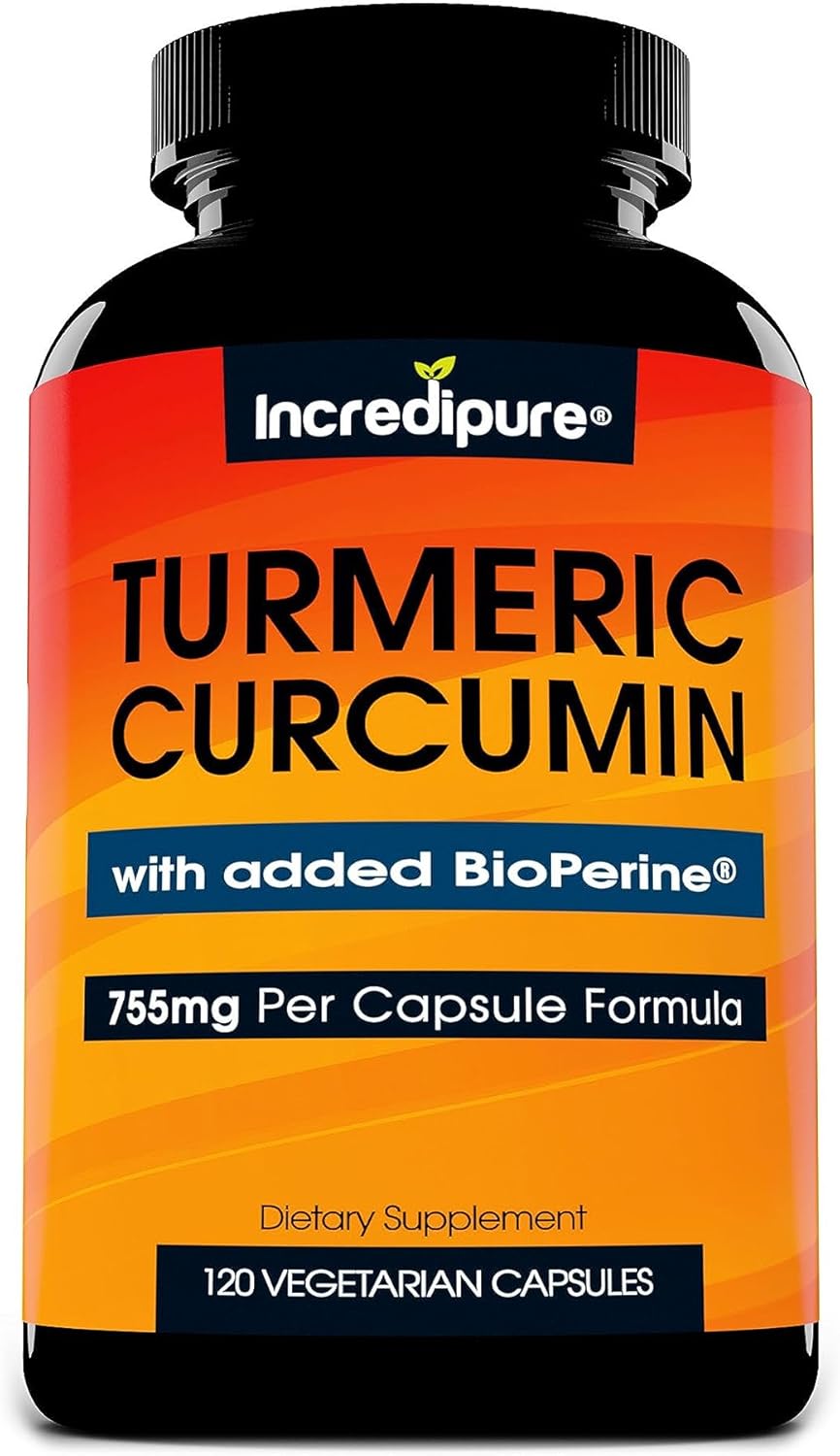 755mg Turmeric Curcumin Capsules with BioPerine - 120 Veggie Capsules by Incredipure