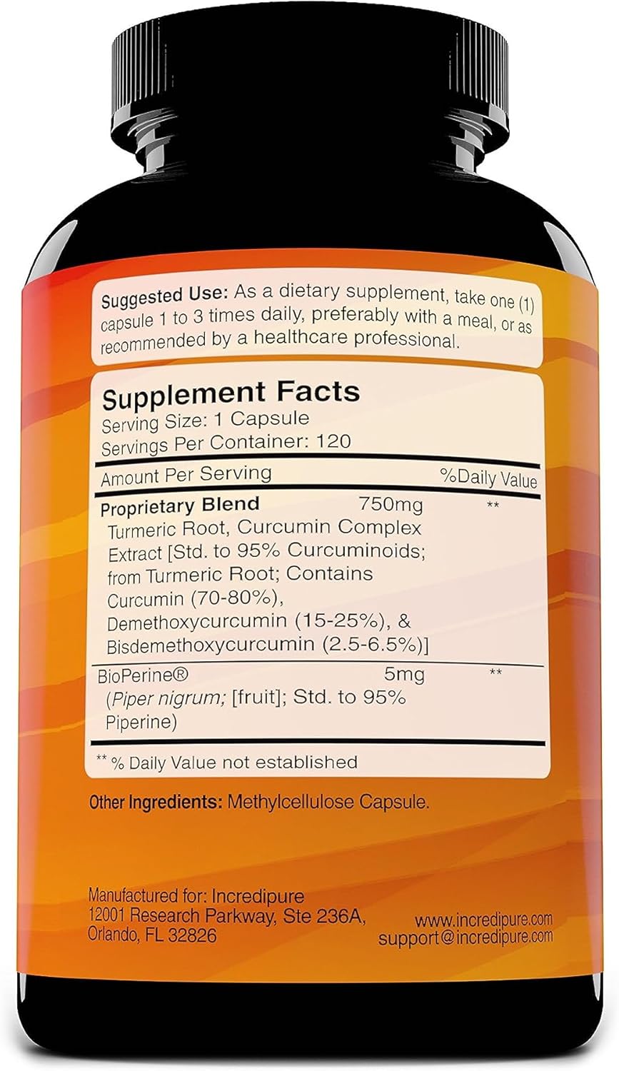 755mg Turmeric Curcumin Capsules with BioPerine - 120 Veggie Capsules by Incredipure