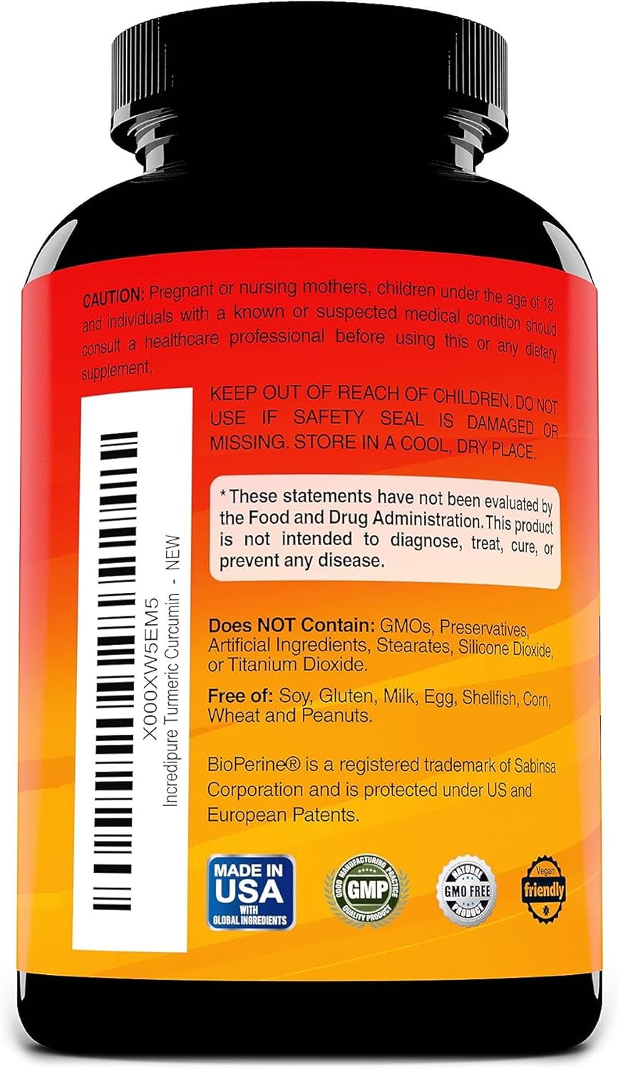 755mg Turmeric Curcumin Capsules with BioPerine - 120 Veggie Capsules by Incredipure