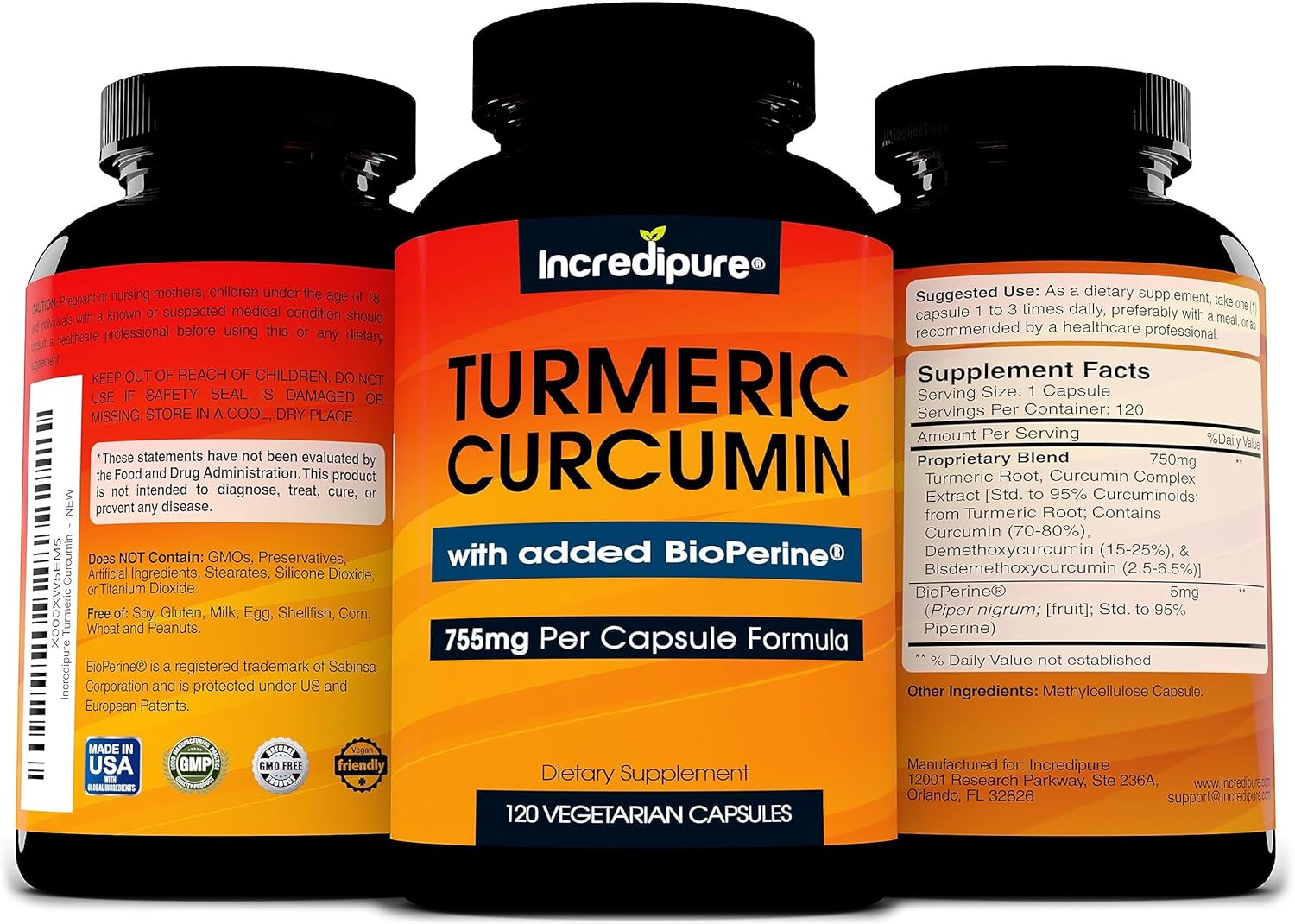 755mg Turmeric Curcumin Capsules with BioPerine - 120 Veggie Capsules by Incredipure