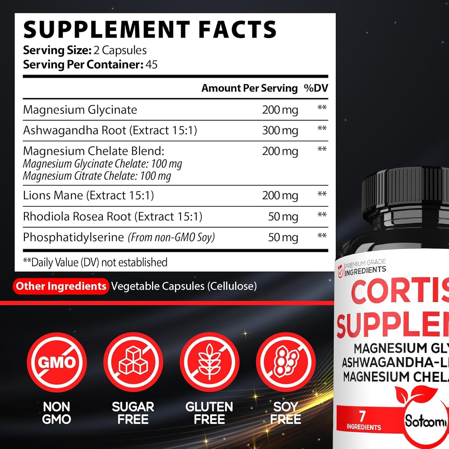 7in1 Cortisol Supplement with Magnesium Glycinate and Ashwagandha - Mood Support, Rest, and Resilience - 90 Capsules for 45 Days