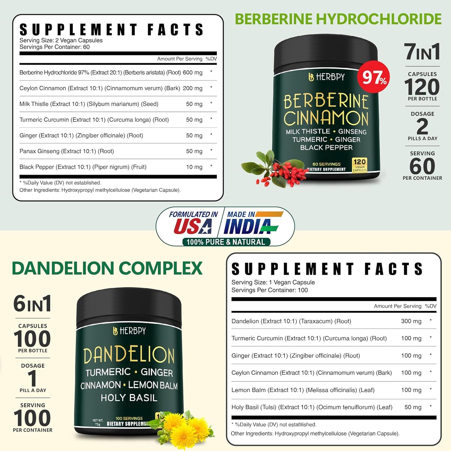 7in1 Herbpy Bundle: Berberine HCl & Dandelion Supplement for Immune, Digestion, and Heart Health Support
