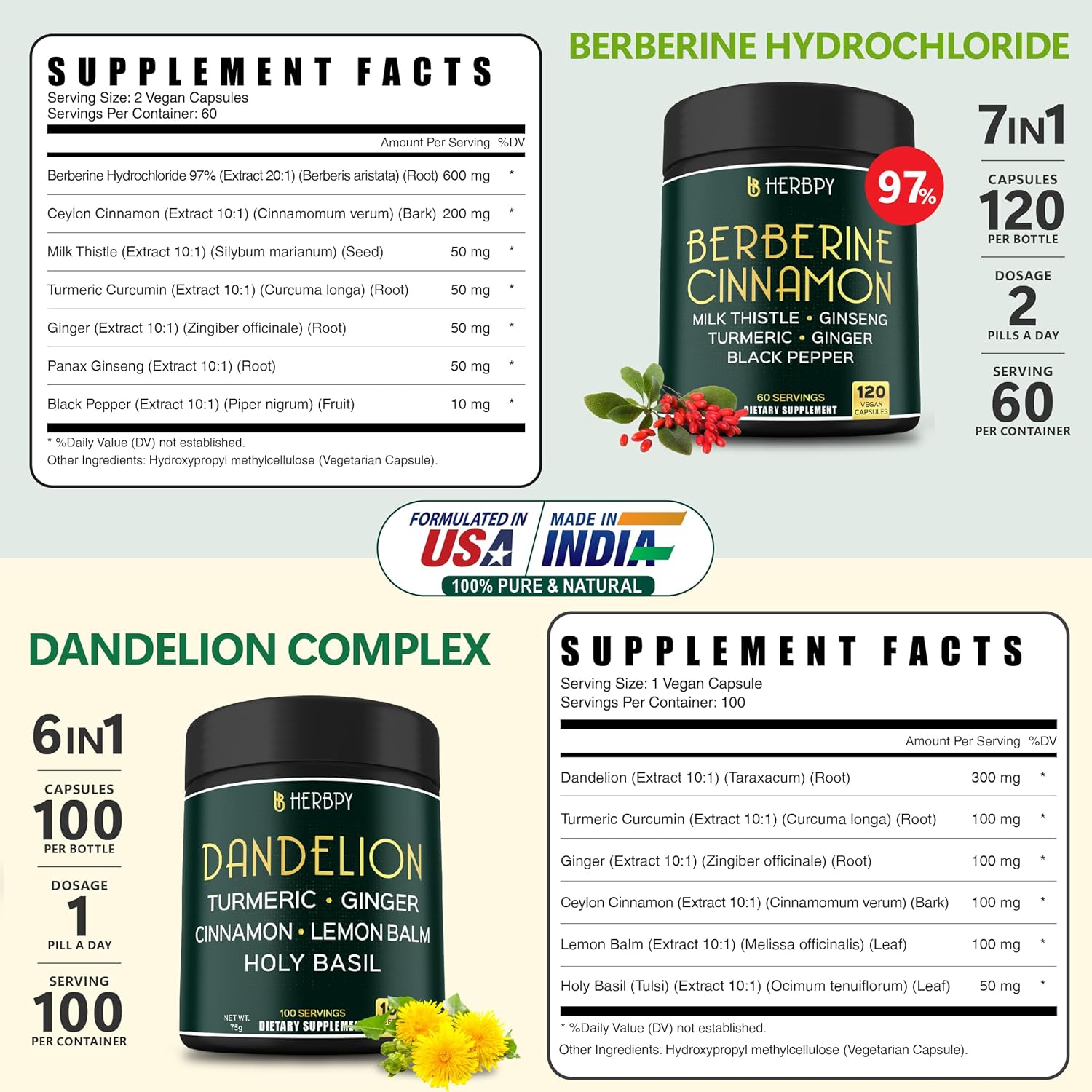 7in1 Herbpy Bundle: Berberine HCl & Dandelion Supplement for Immune, Digestion, and Heart Health Support