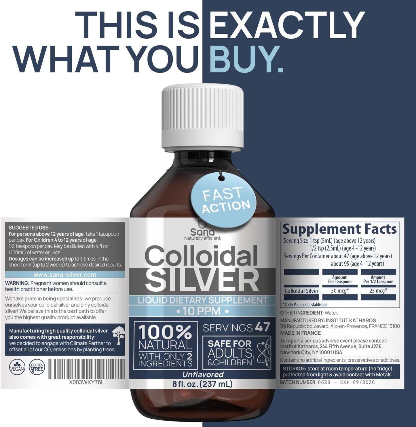 8 fl oz Institut Katharos Colloidal Silver Liquid - 10 PPM Bioactive Hydrosol Silver Water for Immune Support - Nano Sol Supplement with Quality Ionic Minerals & Organic Structured Silver