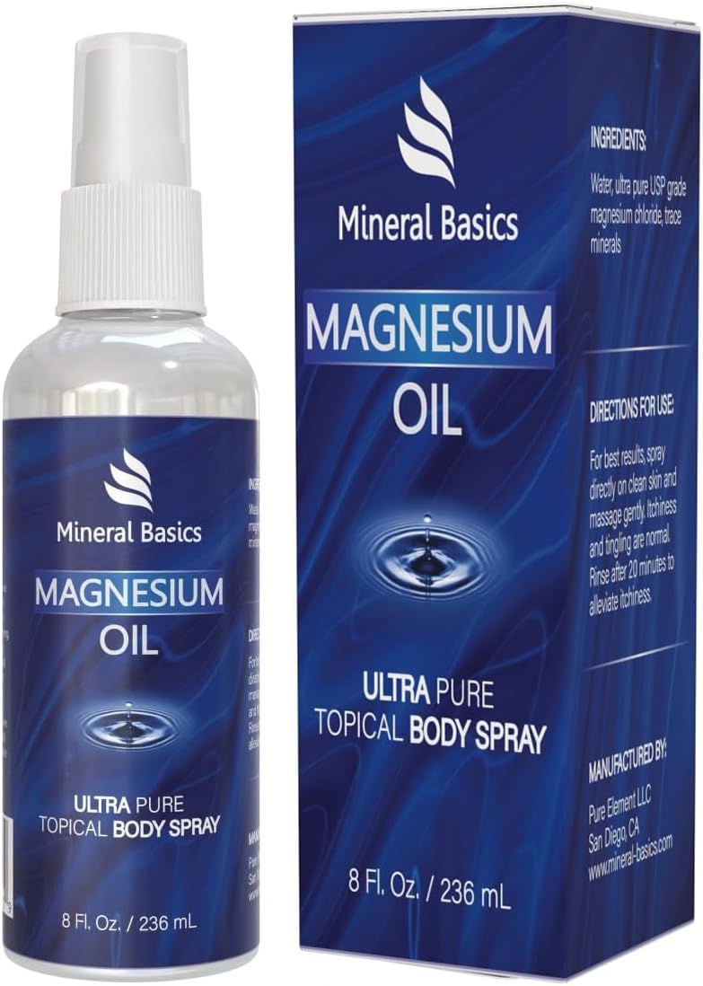8 fl oz Mineral Basics Pure Magnesium Oil Spray - Topical Body Spray from Ultra Pure Magnesium Chloride - Made in USA for Optimal Performance