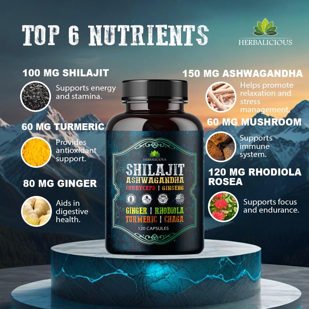 8-in-1 Adaptogenic Herbal Supplement Capsules for Energy, Stress Relief, Focus & Immune Support - Shilajit with Ashwagandha, Cordyceps, Ginseng, Rhodiola, Turmeric, Chaga & Ginger - 120 Count