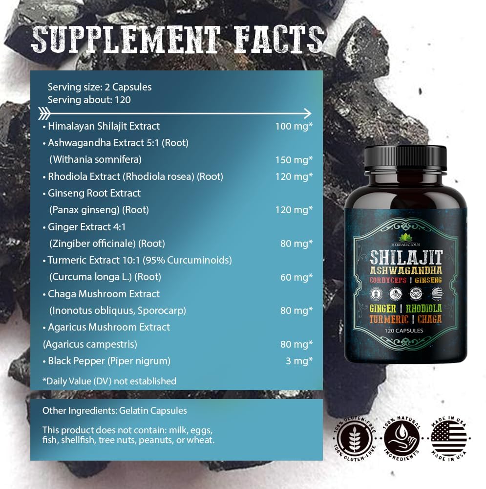 8-in-1 Adaptogenic Herbal Supplement Capsules for Energy, Stress Relief, Focus & Immune Support - Shilajit with Ashwagandha, Cordyceps, Ginseng, Rhodiola, Turmeric, Chaga & Ginger - 120 Count