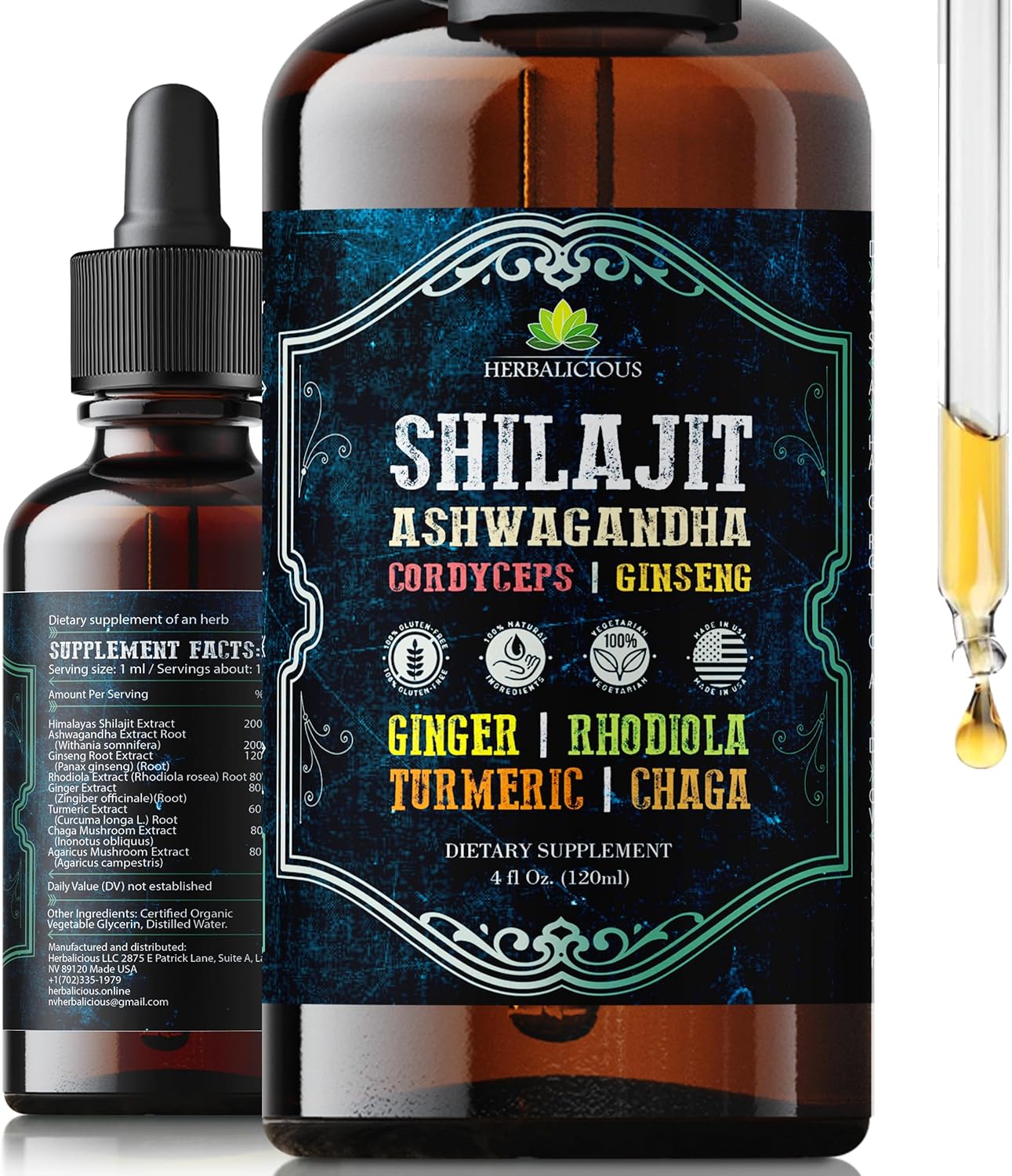 8-in-1 Herbal Liquid Supplement with Shilajit, Ashwagandha, Cordyceps, Ginseng, Rhodiola, Turmeric, Chaga & Ginger for Energy, Stress Relief, Focus & Immune Support