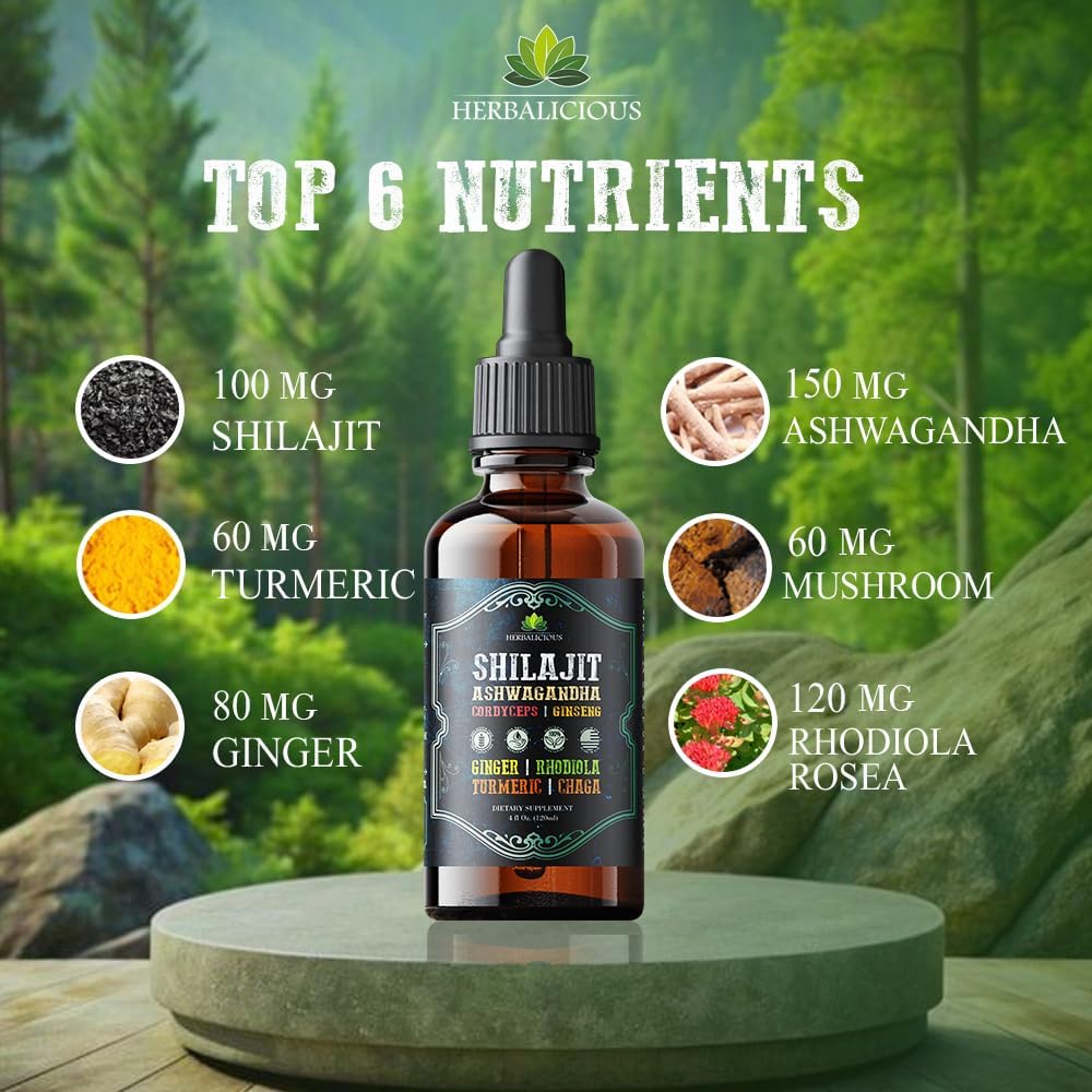 8-in-1 Herbal Liquid Supplement with Shilajit, Ashwagandha, Cordyceps, Ginseng, Rhodiola, Turmeric, Chaga & Ginger for Energy, Stress Relief, Focus & Immune Support