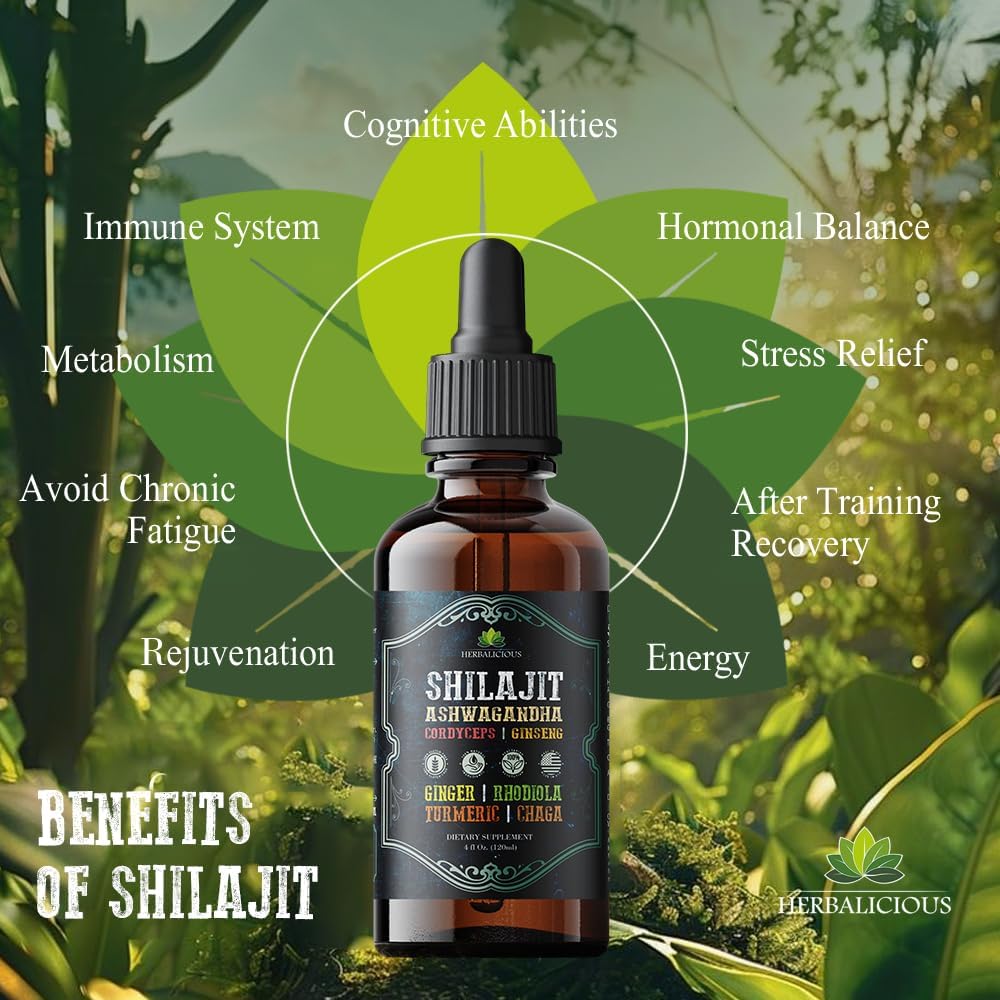 8-in-1 Herbal Liquid Supplement with Shilajit, Ashwagandha, Cordyceps, Ginseng, Rhodiola, Turmeric, Chaga & Ginger for Energy, Stress Relief, Focus & Immune Support