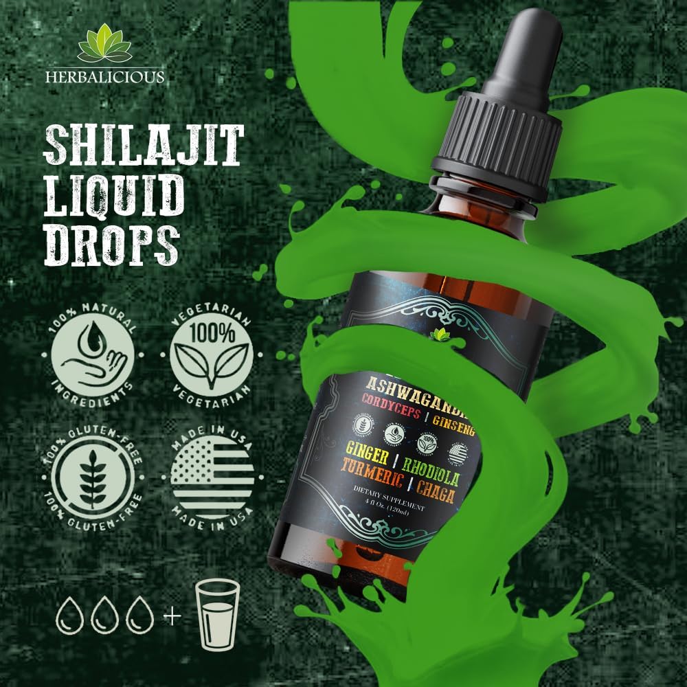 8-in-1 Herbal Liquid Supplement with Shilajit, Ashwagandha, Cordyceps, Ginseng, Rhodiola, Turmeric, Chaga & Ginger for Energy, Stress Relief, Focus & Immune Support