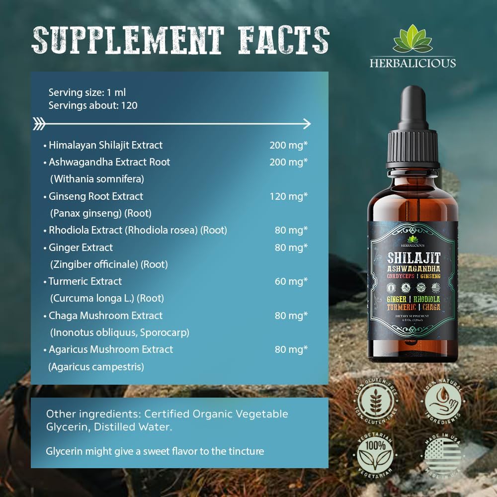 8-in-1 Herbal Liquid Supplement with Shilajit, Ashwagandha, Cordyceps, Ginseng, Rhodiola, Turmeric, Chaga & Ginger for Energy, Stress Relief, Focus & Immune Support