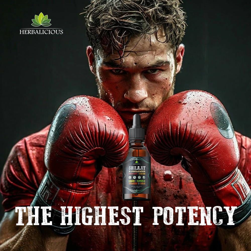 8-in-1 Herbal Liquid Supplement with Shilajit, Ashwagandha, Cordyceps, Ginseng, Rhodiola, Turmeric, Chaga & Ginger for Energy, Stress Relief, Focus & Immune Support